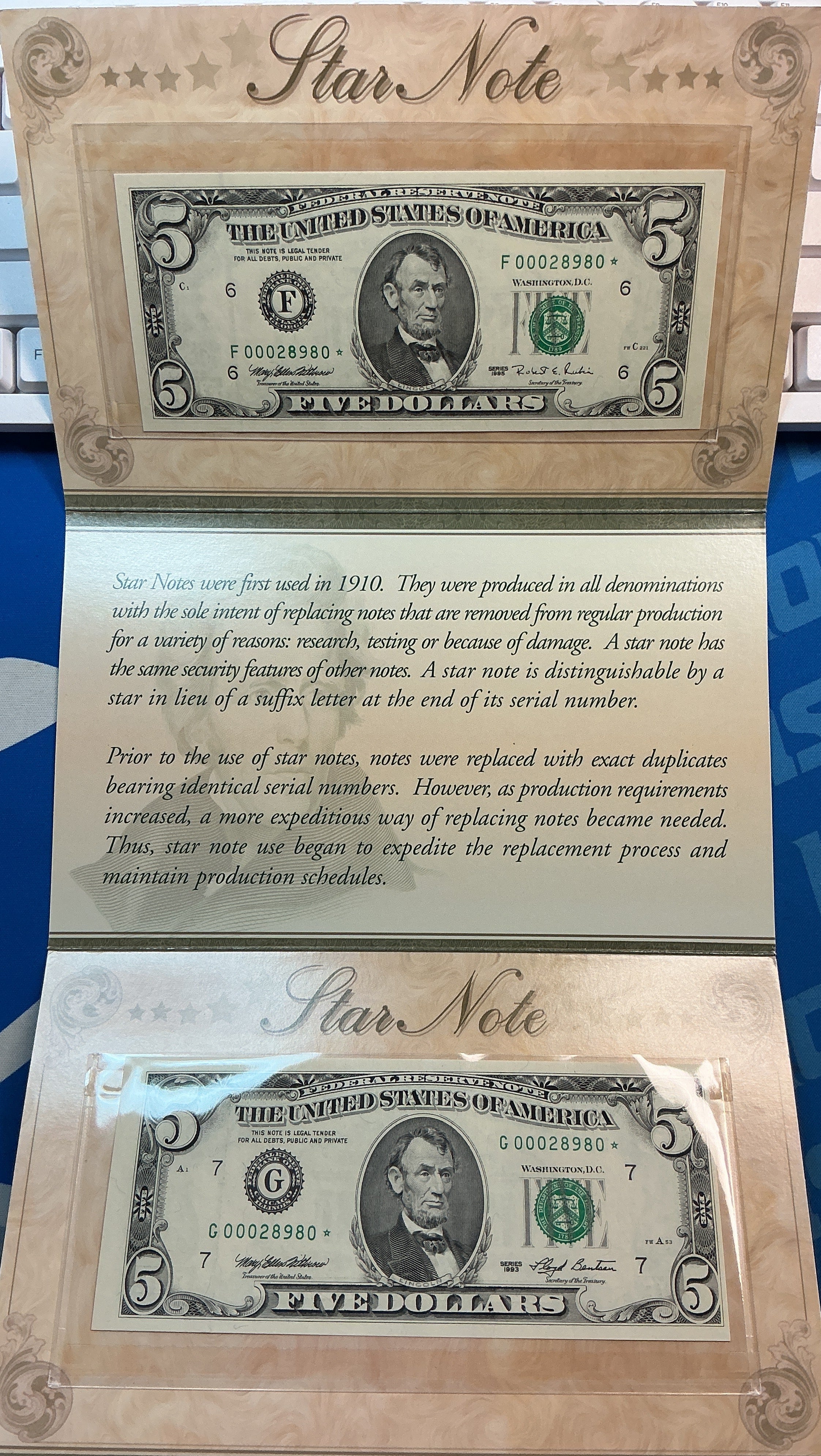 1993 & 1995 Series, 2-$5 Notes, Dept of Treasury, *Star Notes*, Store #FRN027