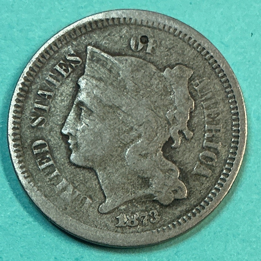 1873 3 Cent Copper Nickel., Very Good Circulated Coin., Store#3C001
