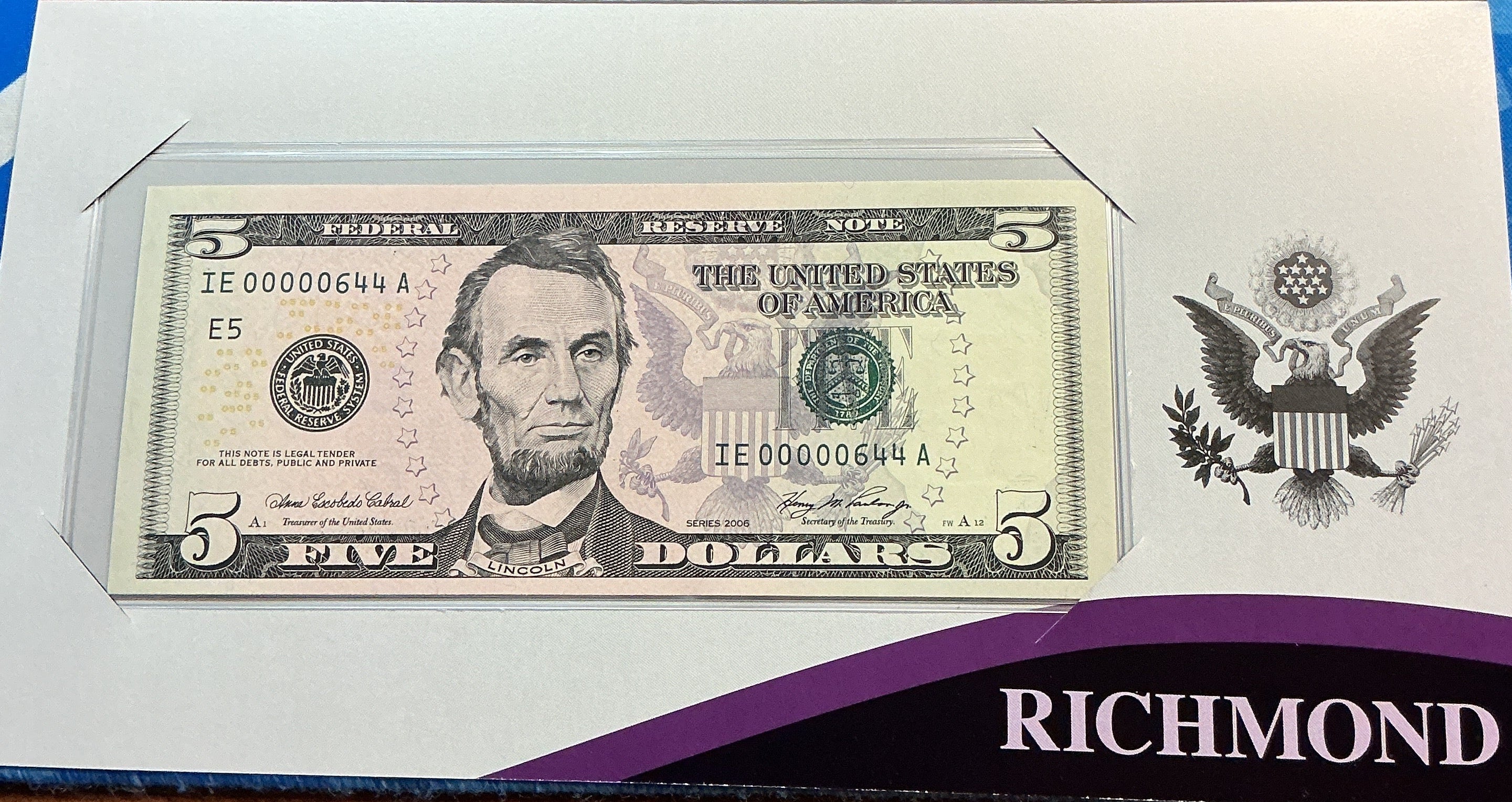 2006 Series $5 Single Notes,12 ea, F.R.N, 'LOW SERIAL NUMBERS', Store #FRN001