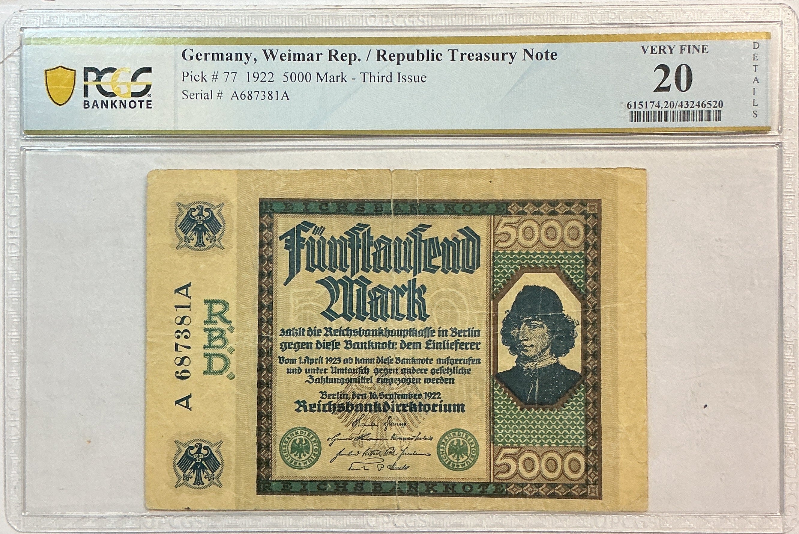 1922 5000 Mark., German, Weimar Rep., PCGS VF-20, Store #GWC018