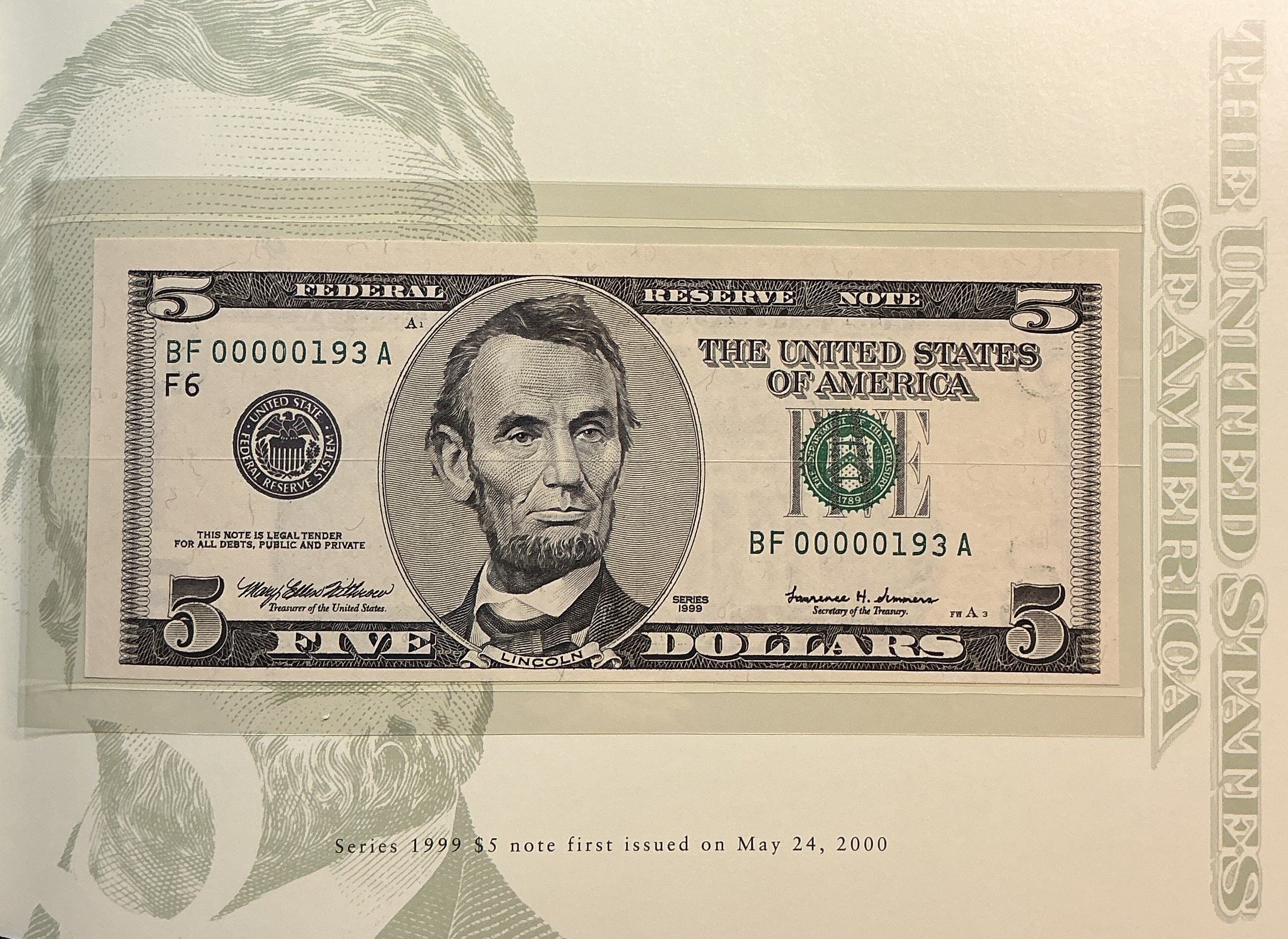 1999 Premium Federal Reserve Set, Serial #193,-$5 Notes, #FRN012