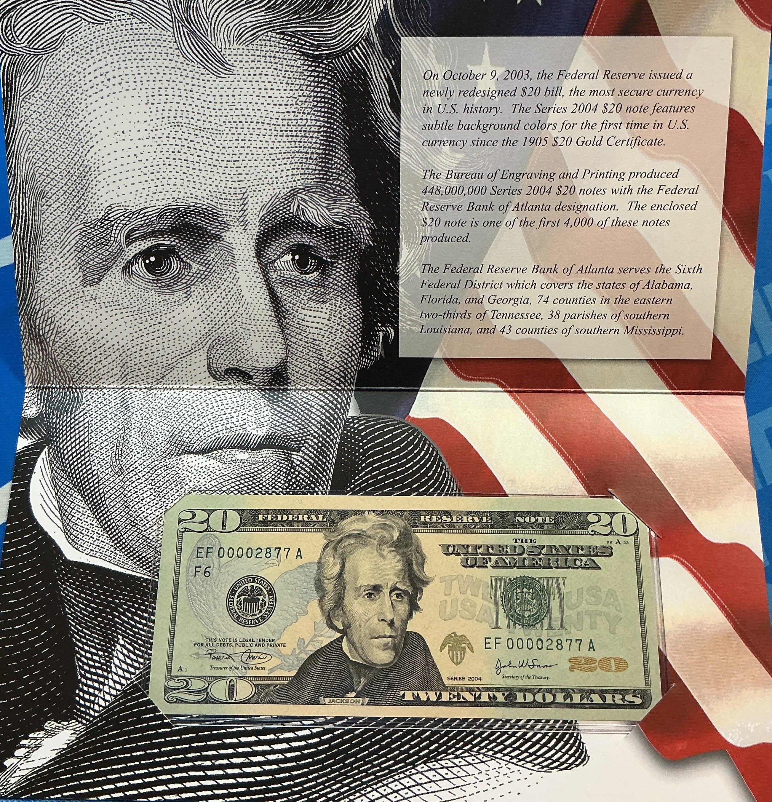 2004 Series $20 Single Note, F.R.Notes, Low Serial Number Store #FRN021