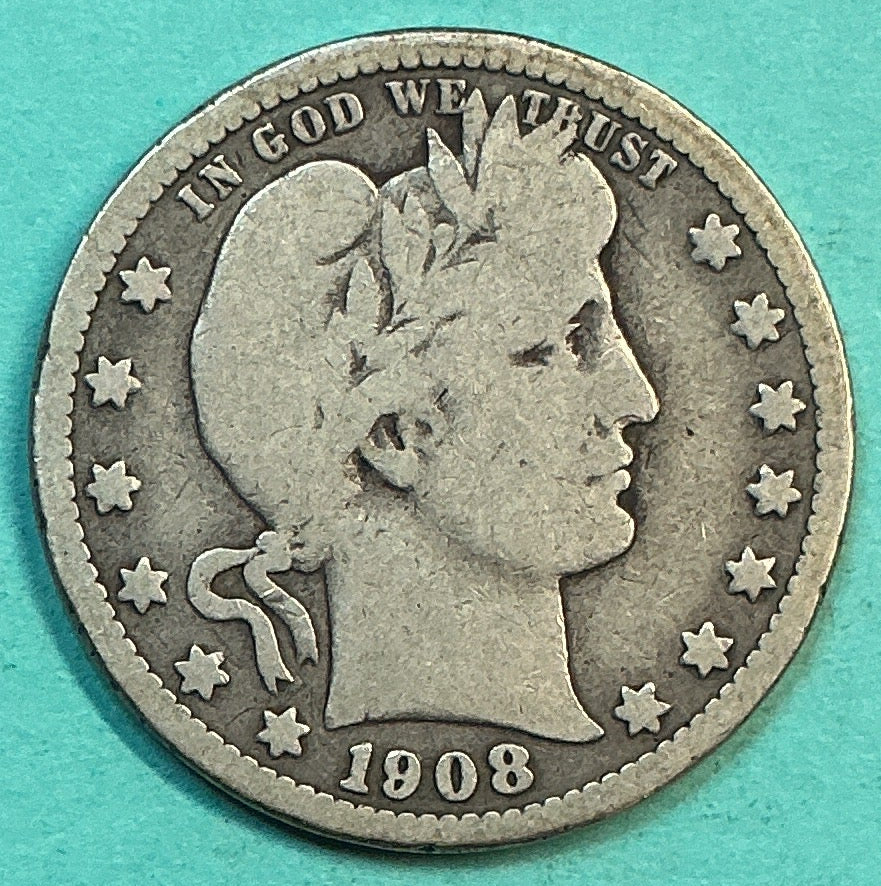 1908-S Barber Quarter., Very Good Circulated Details., Store#QR1241