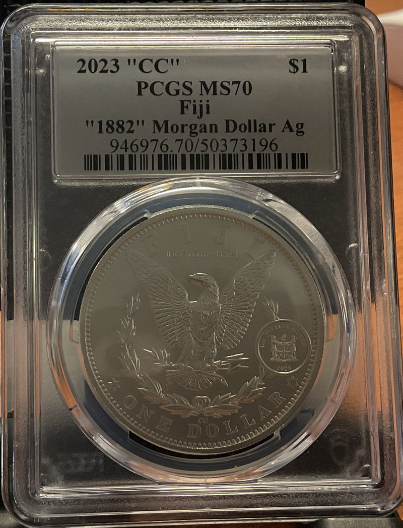 .999 silver, 1 Troy Ounce, 2023 Fiji Privy Morgan Ag, PCGS MS-70, Store