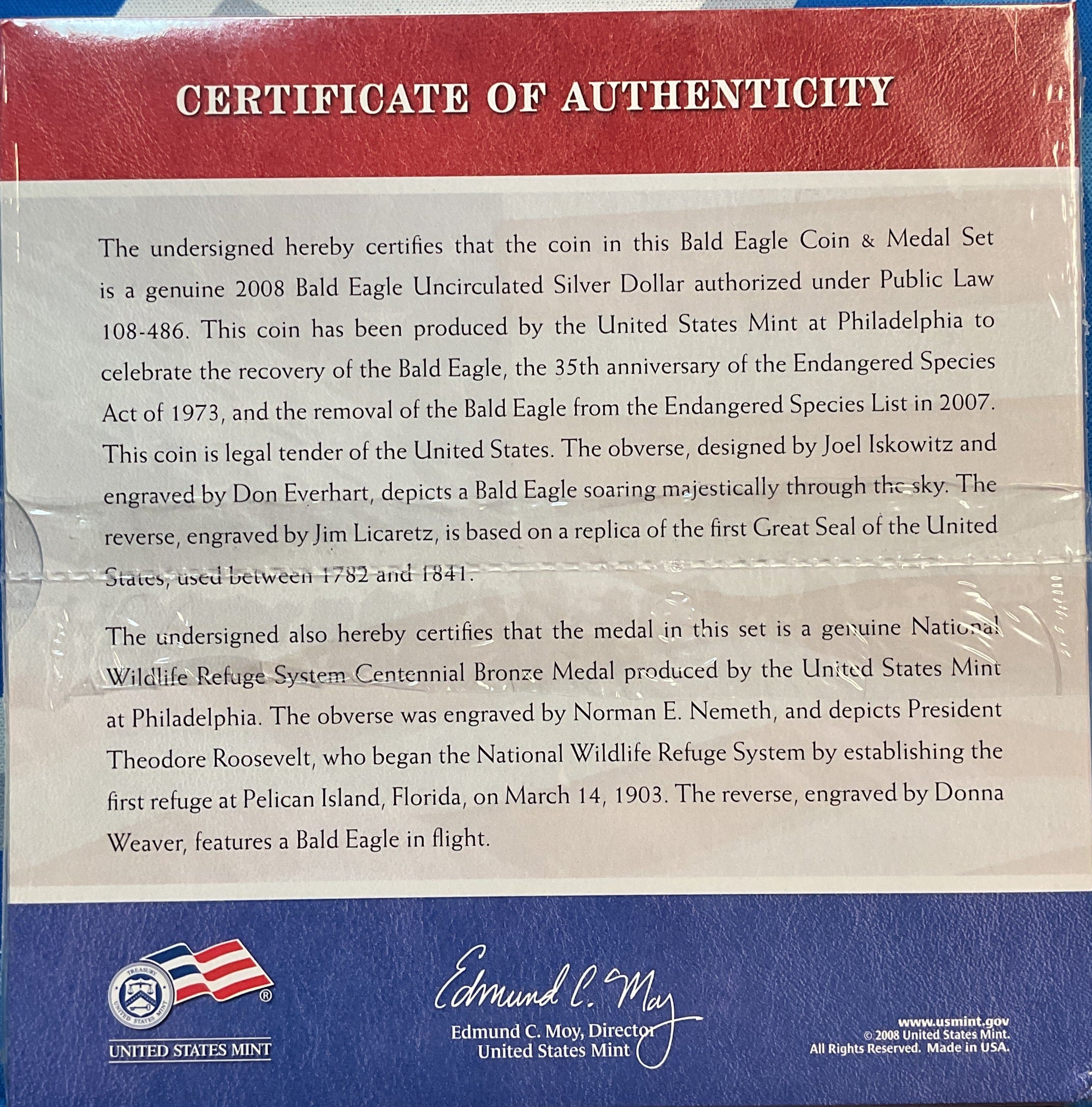 2008 U.S. Mint Bald Eagle 90% Silver Dollar and Medal Set. Store #PT001