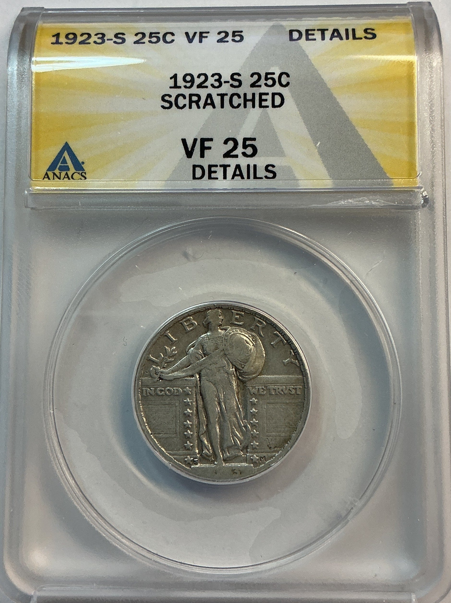 1923-S Standing Liberty Silver Quarter, Key Date, ANACS VF-25, Store #QR1617