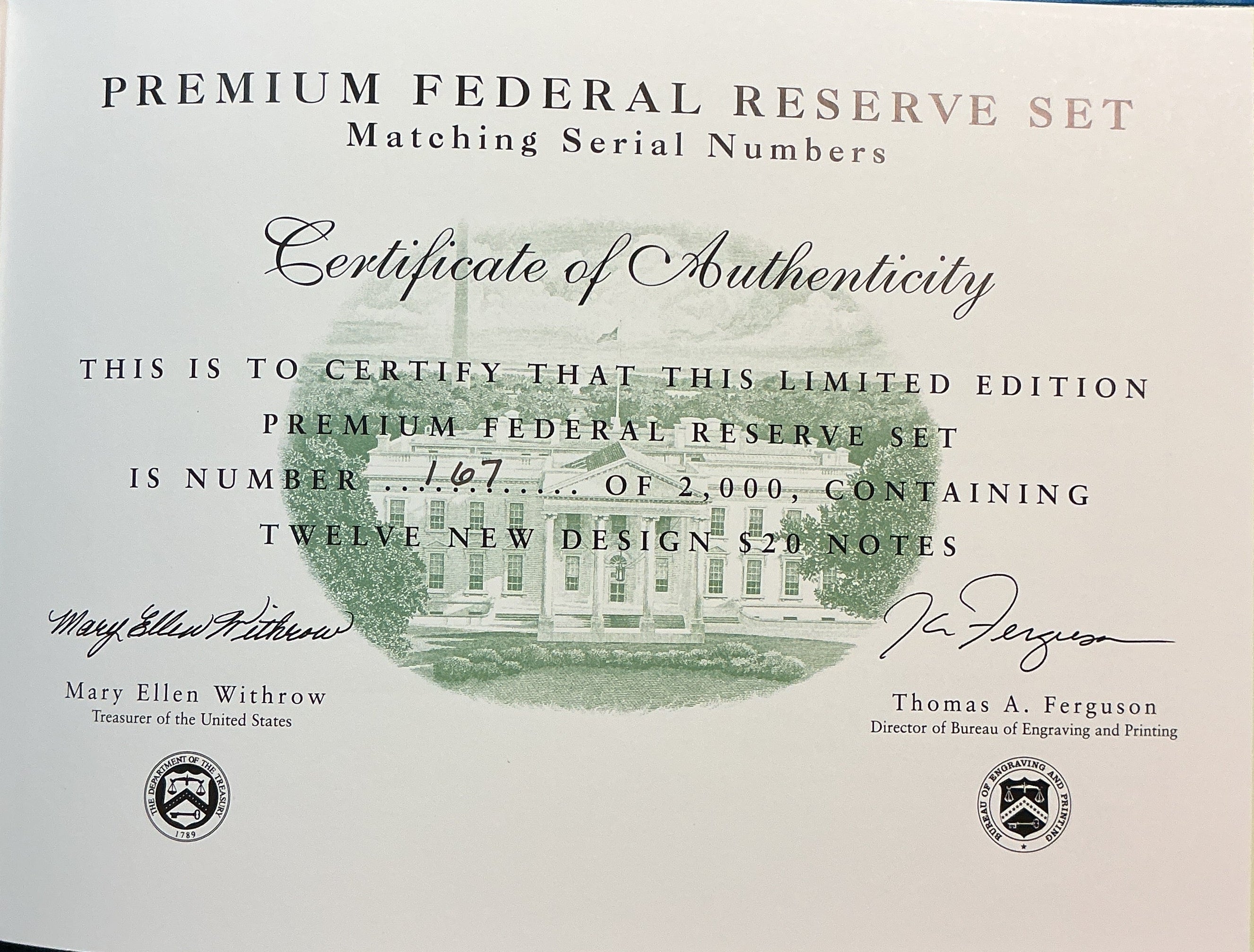 1996 Premium Federal Reserve Set, Serial #567, $20 Notes, #FRN013