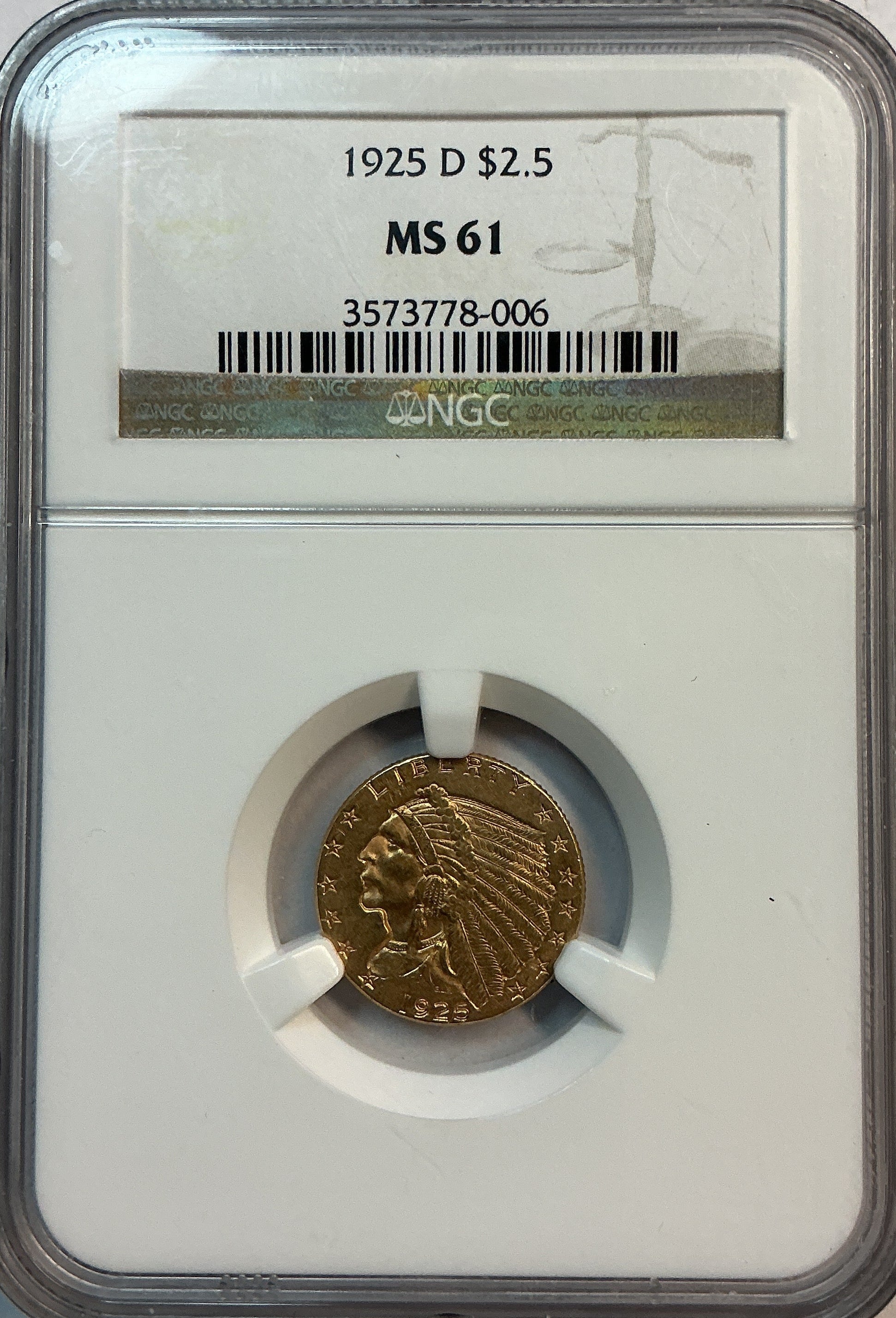 1925-D $2.50 Quarter Gold Eagle, Certified and Graded, NGC MS-63, Store #G0129.