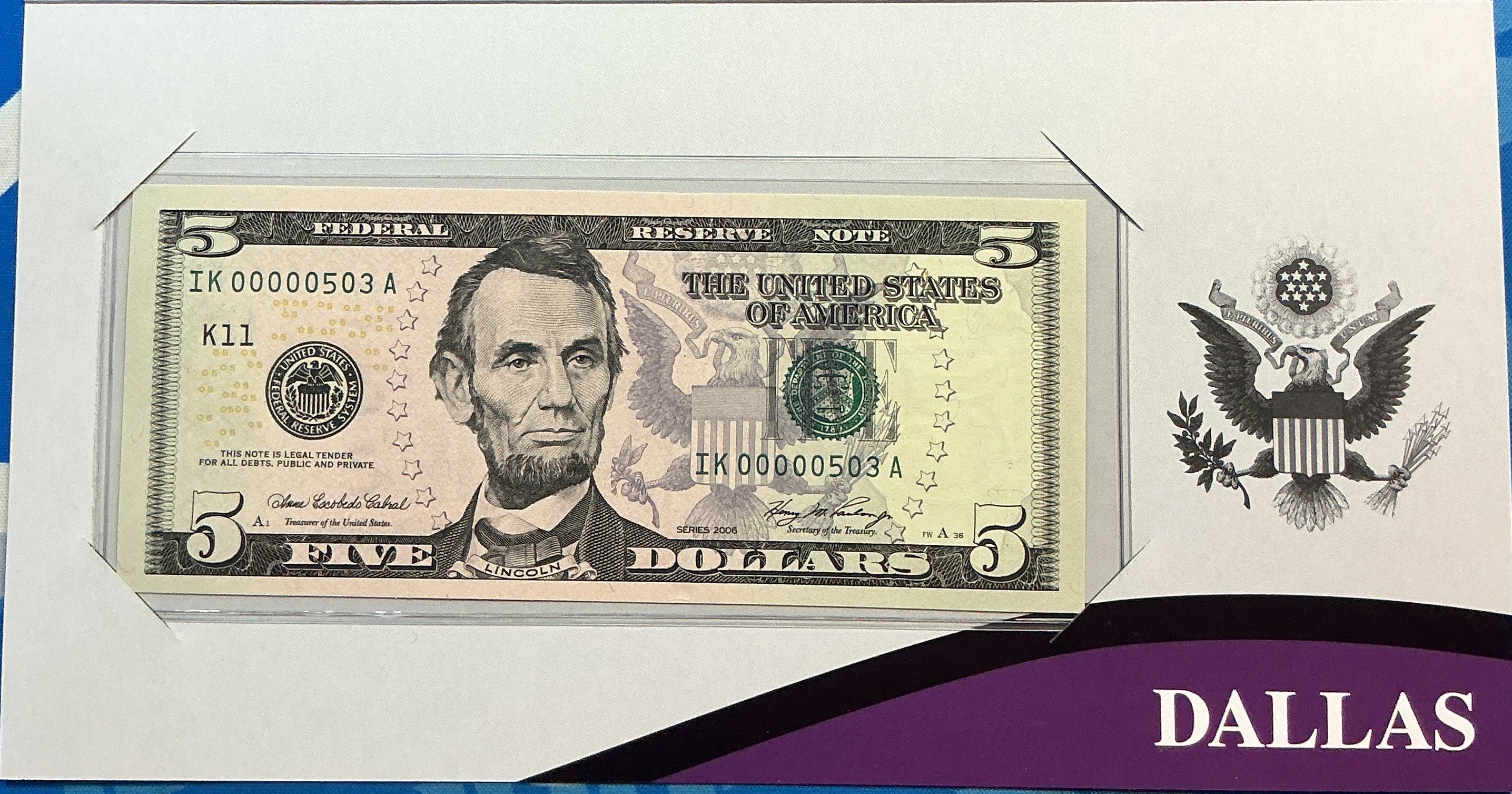 2006 Series $5 Single Notes,12 ea, F.R.N, 'LOW SERIAL NUMBERS', Store #FRN001