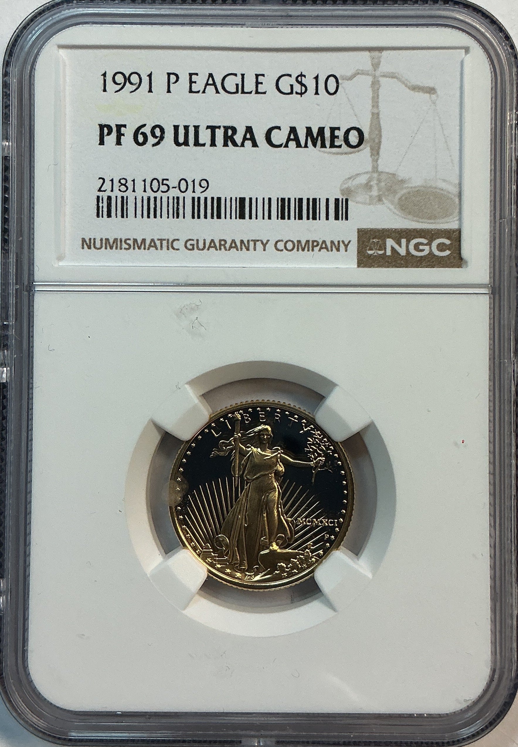 1991-P $10, Proof Gold American Eagle Coin, 1/4 OZT, NGC PF 69, Store #GMC273