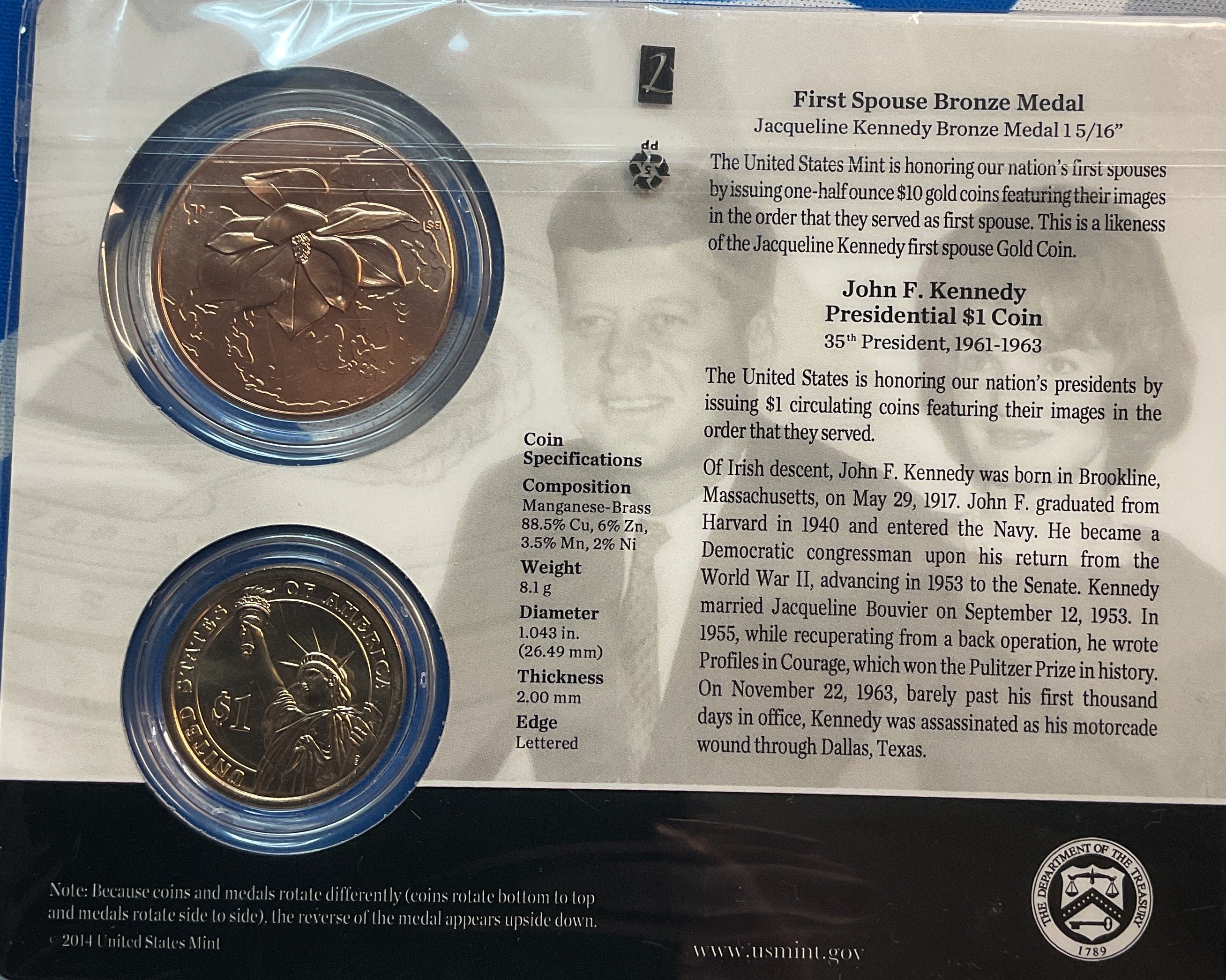 Presidential $1 Coin and First Spouse Medal Set. John F. Kennedy. Store # 12737