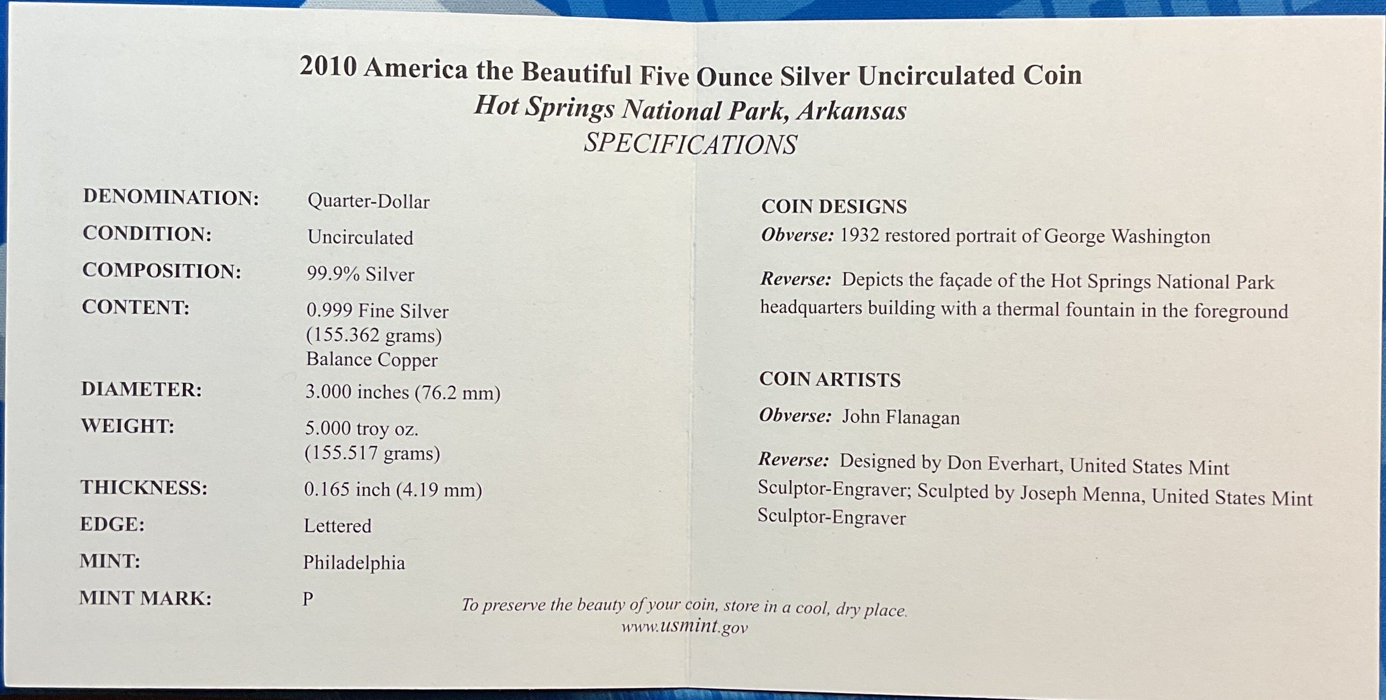 2010 America the Beautiful 5 Troy Ounce Silver, U.S. Mint UC Coin, #SR063