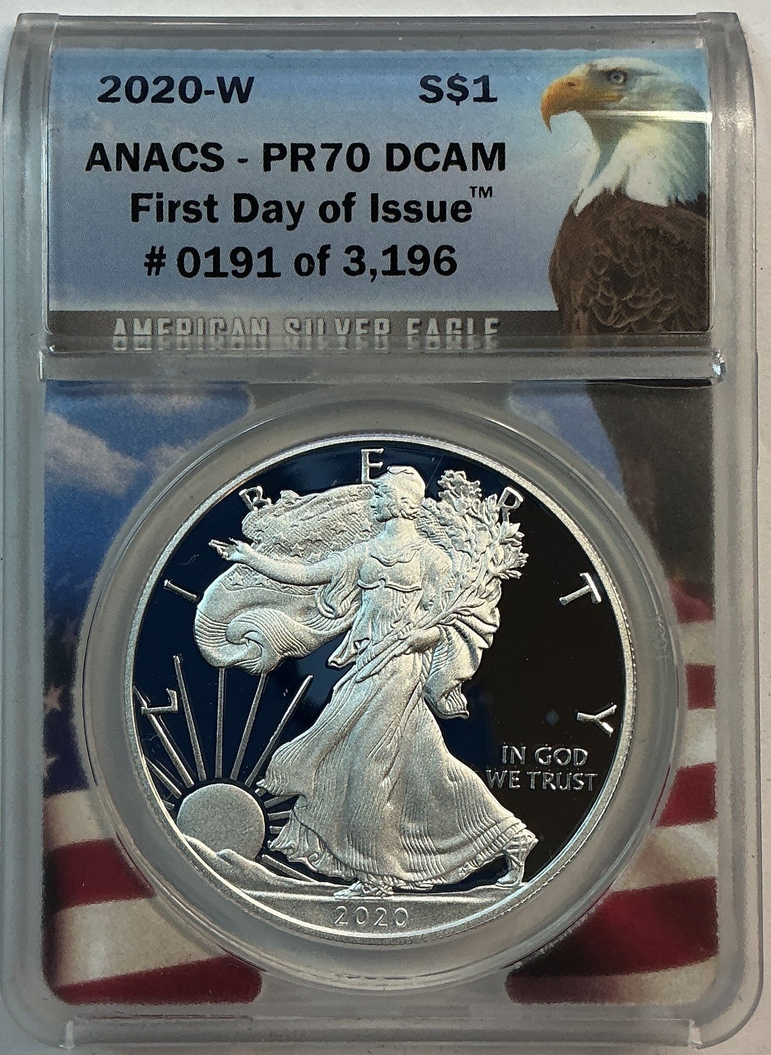 2020-W American Silver Eagle, ANACS PR-70 DCAM, in BOX, Store# AE0348