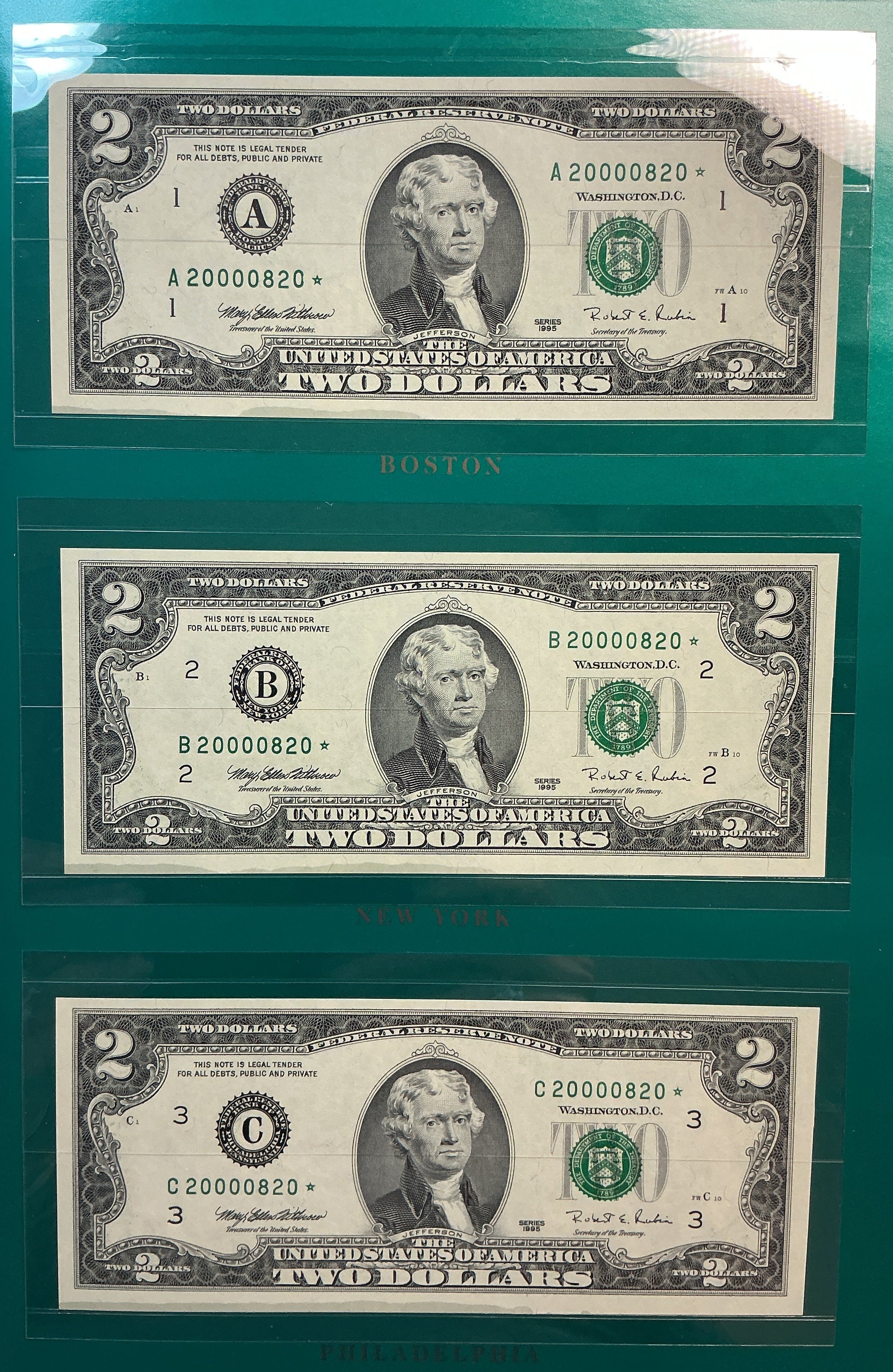 1995 Premium Millennium Federal Reserve Set, $2 Notes, Rare Star, #0820,  #FRN003.