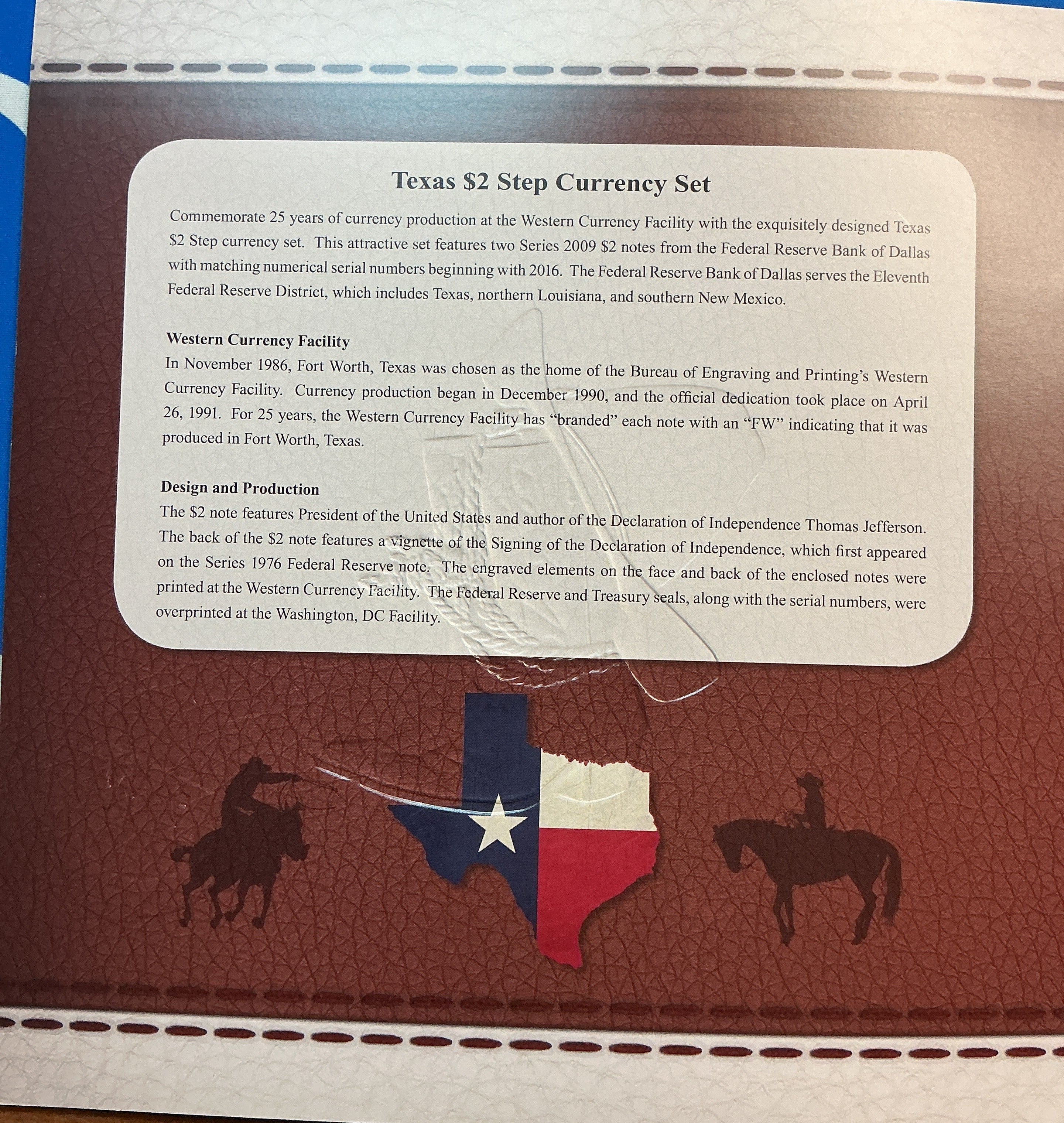 2016 Texas $2 Step Currency Set, Dept of Treasury-BEP, Store #FRN007