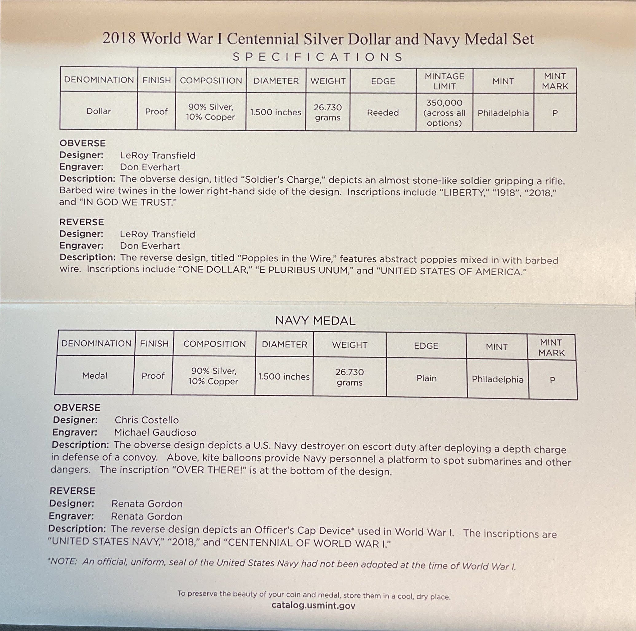 2018 World War I, Silver Dollar and Navy Silver Medal Set, U.S. Mint #SR014