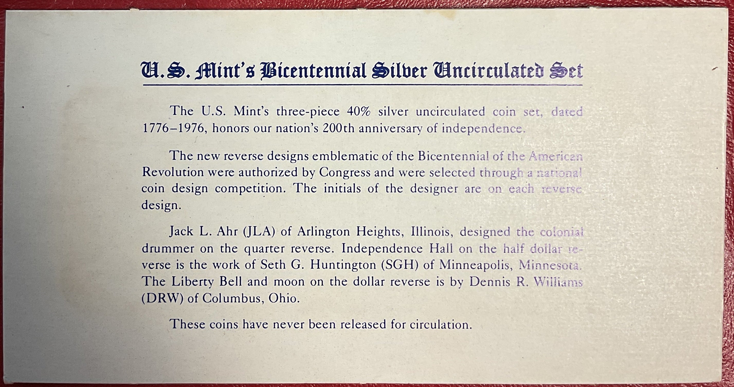 1976 U.S. Bicentennial Silver Uncirculated Set. 1776-1976. Store #PT054