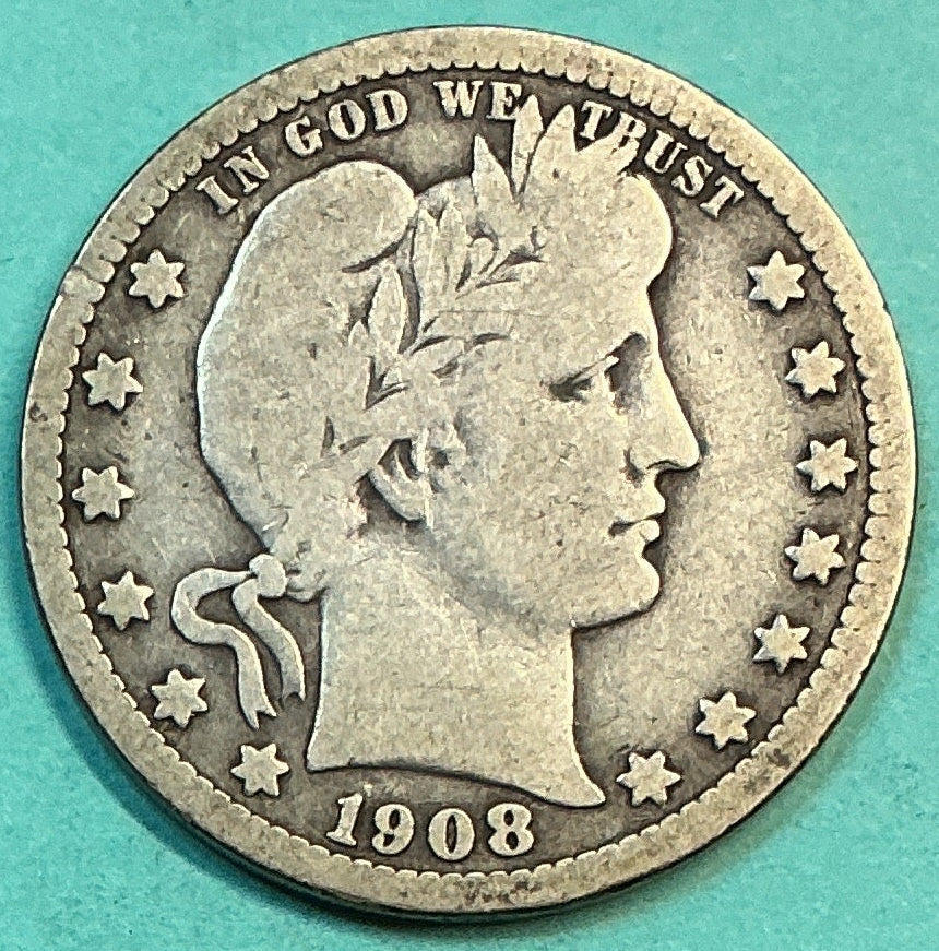 1908 Barber Quarter., Very Good Circulated Details., Store#QR1238