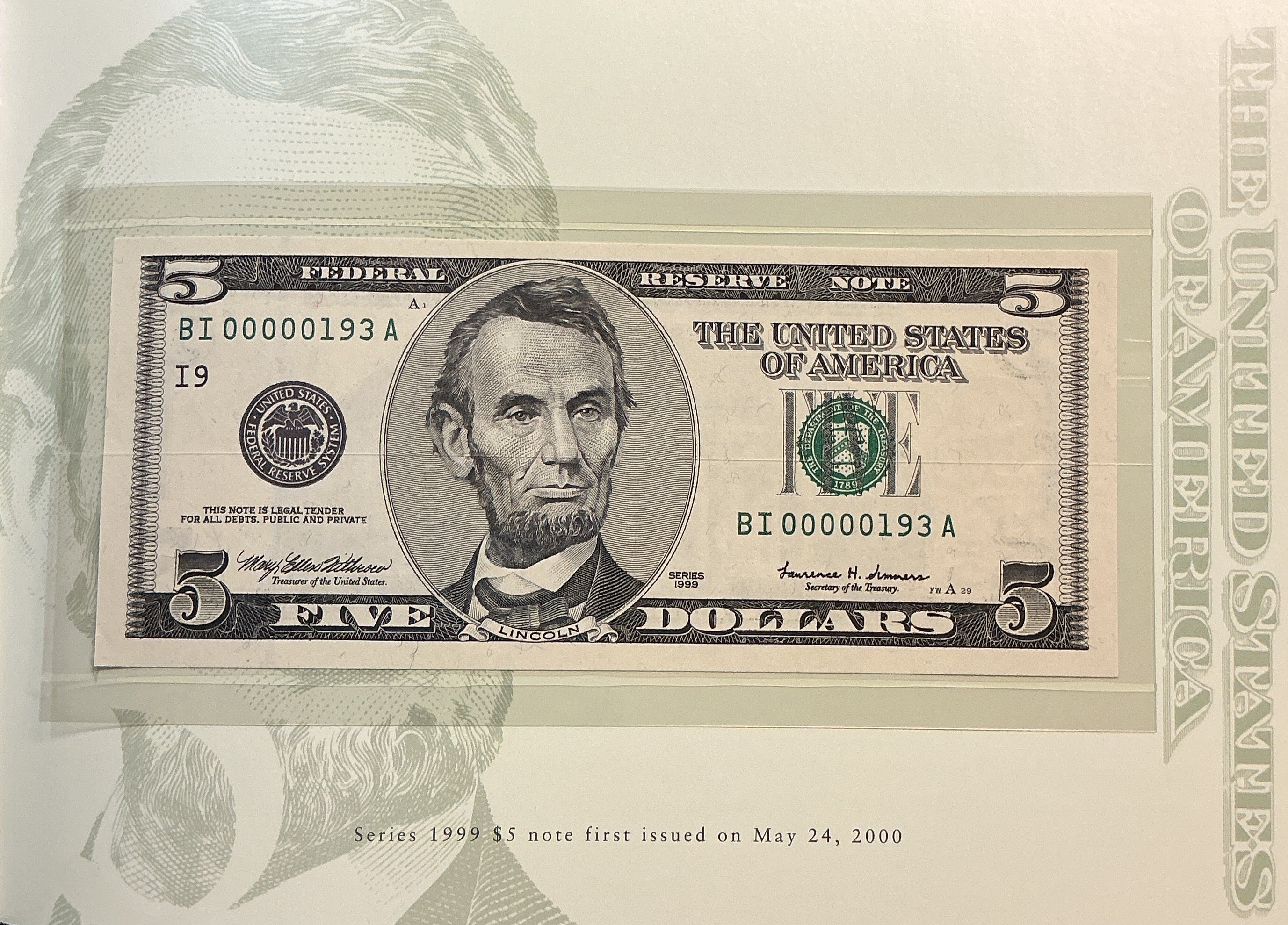 1999 Premium Federal Reserve Set, Serial #193,-$5 Notes, #FRN012