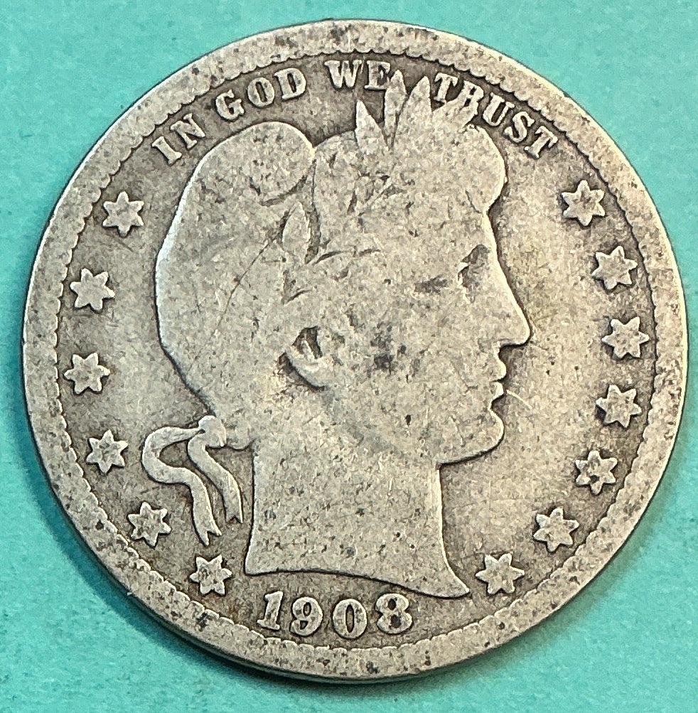 1908-D Barber Quarter., Very Good Circulated Details., Store#QR1240