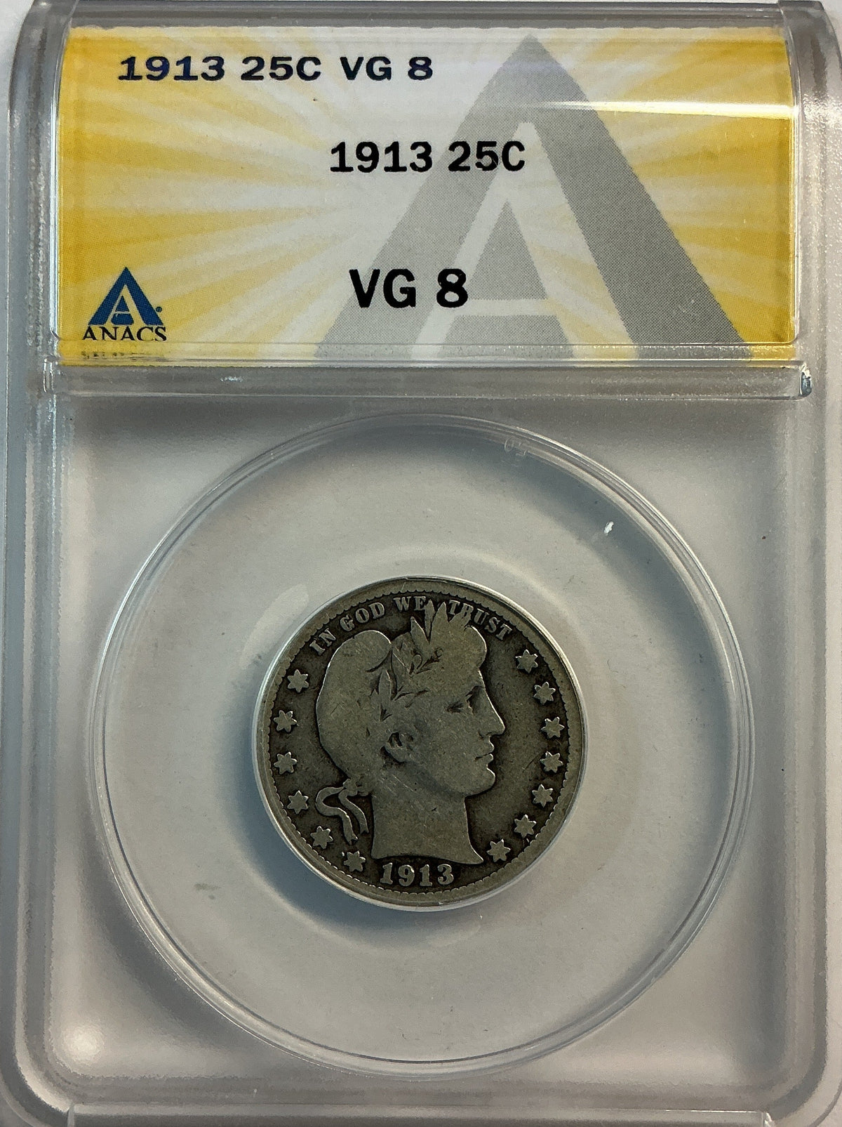 1913 Barber Quarter, ANACS Very Good 8. Store #QR1499