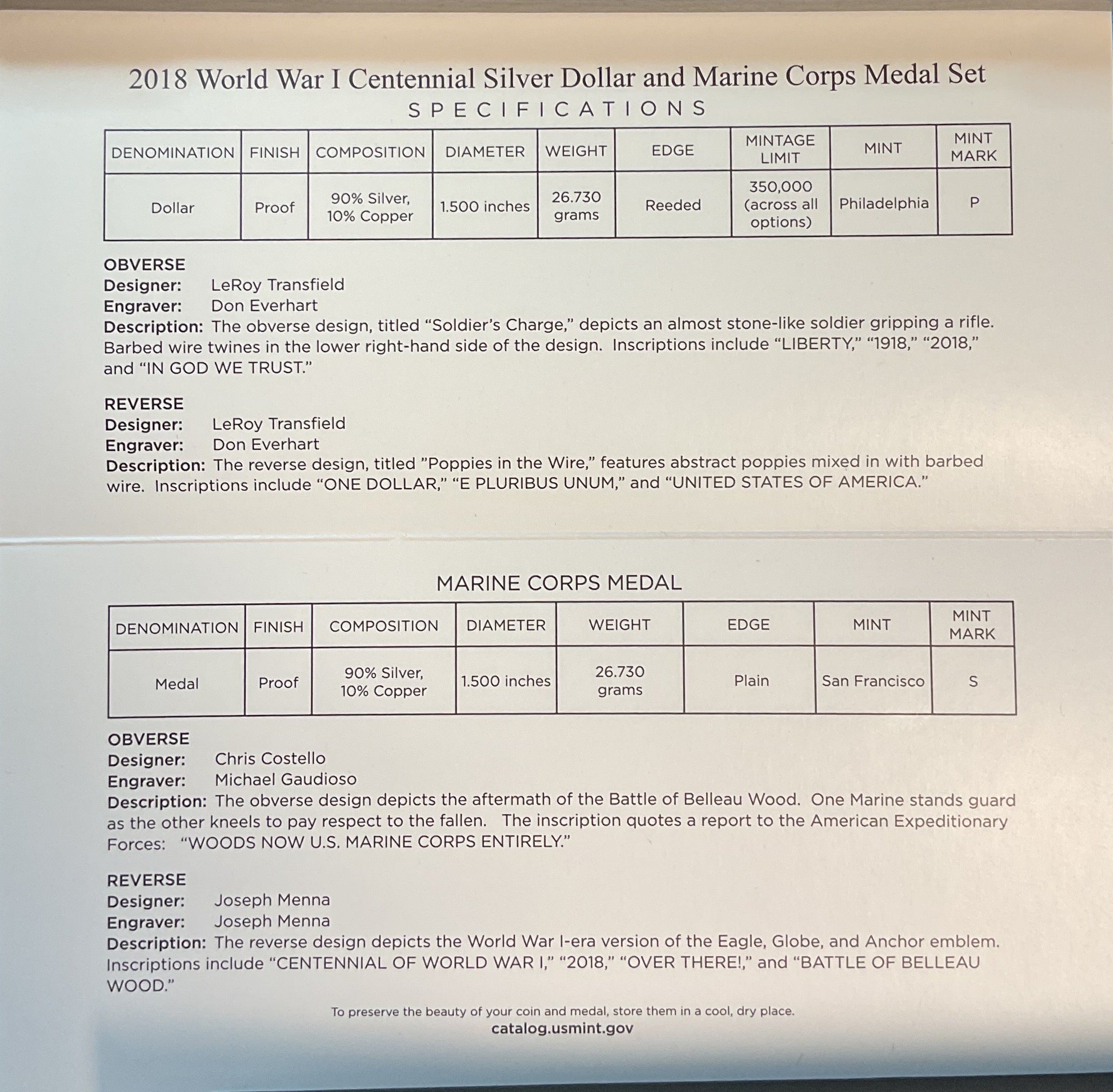 2018 World War I, Silver Dollar and Marine Corps Silver Medal Set, U.S. Mint #SR017