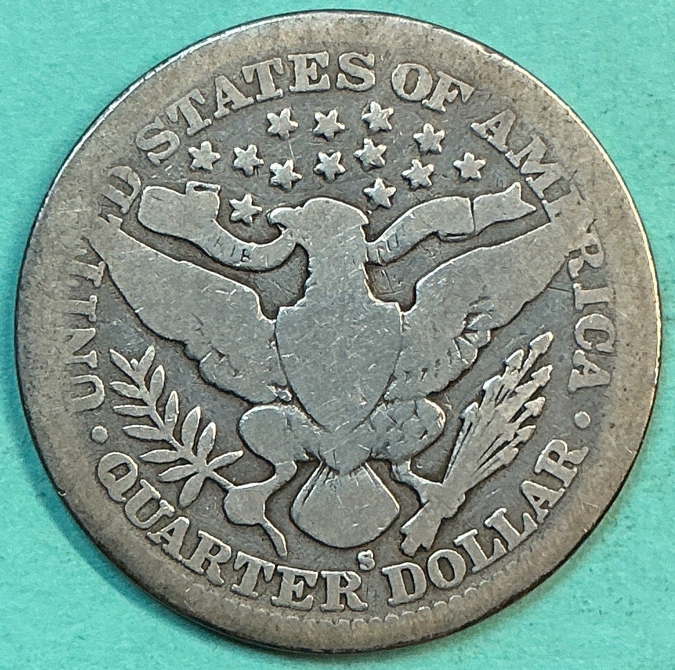 1908-S Barber Quarter., About Good Circulated Details., Store#QR1244