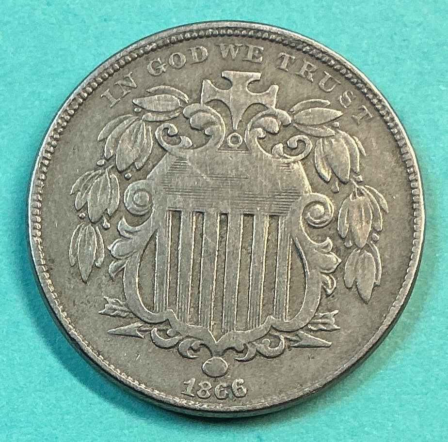 1866 Shield Nickel, About Uncirculated Coin, Store #NL094