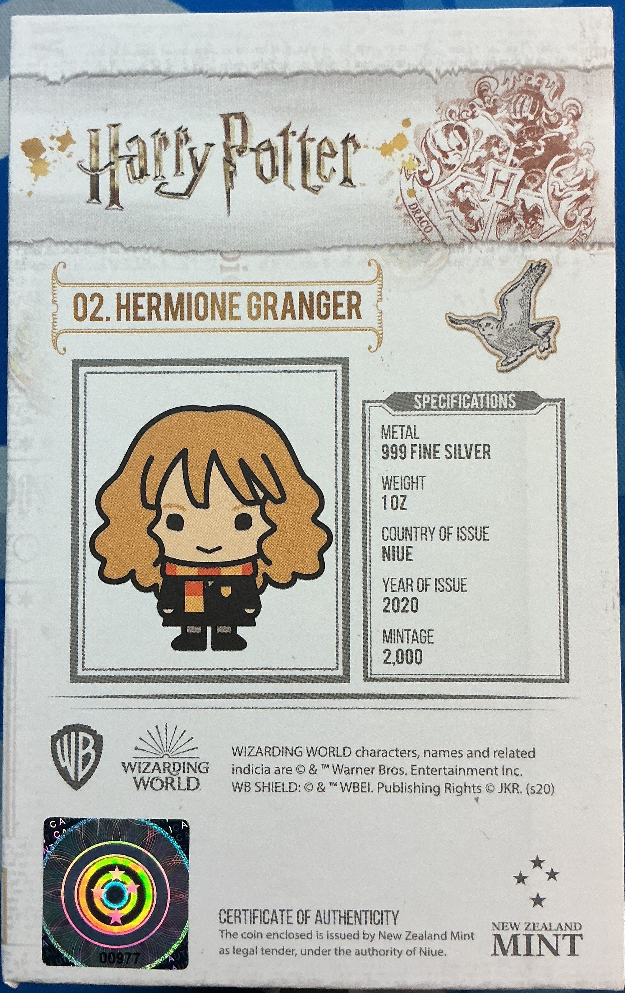 2020 Harry Potter Chibi Coin, HERMIONE GRANGER, .999 Silver Coin, 1 Troy Ounce, Store #SR171