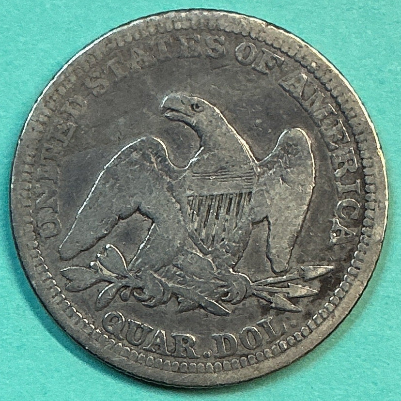 1858 Liberty Seated Quarter., Very Good Circulated Details., Store#QR1186