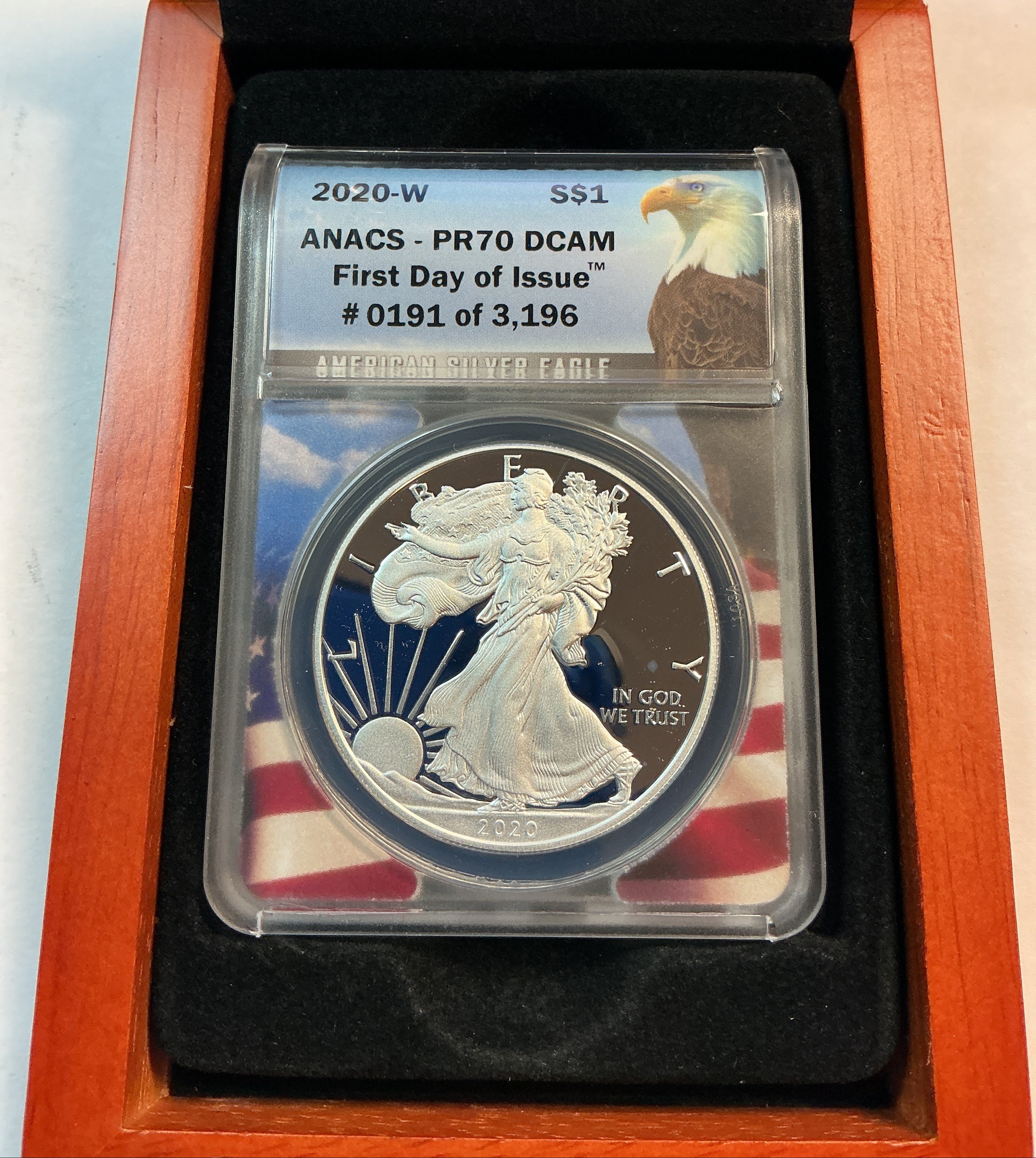2020-W American Silver Eagle, ANACS PR-70 DCAM, in BOX, Store# AE0348