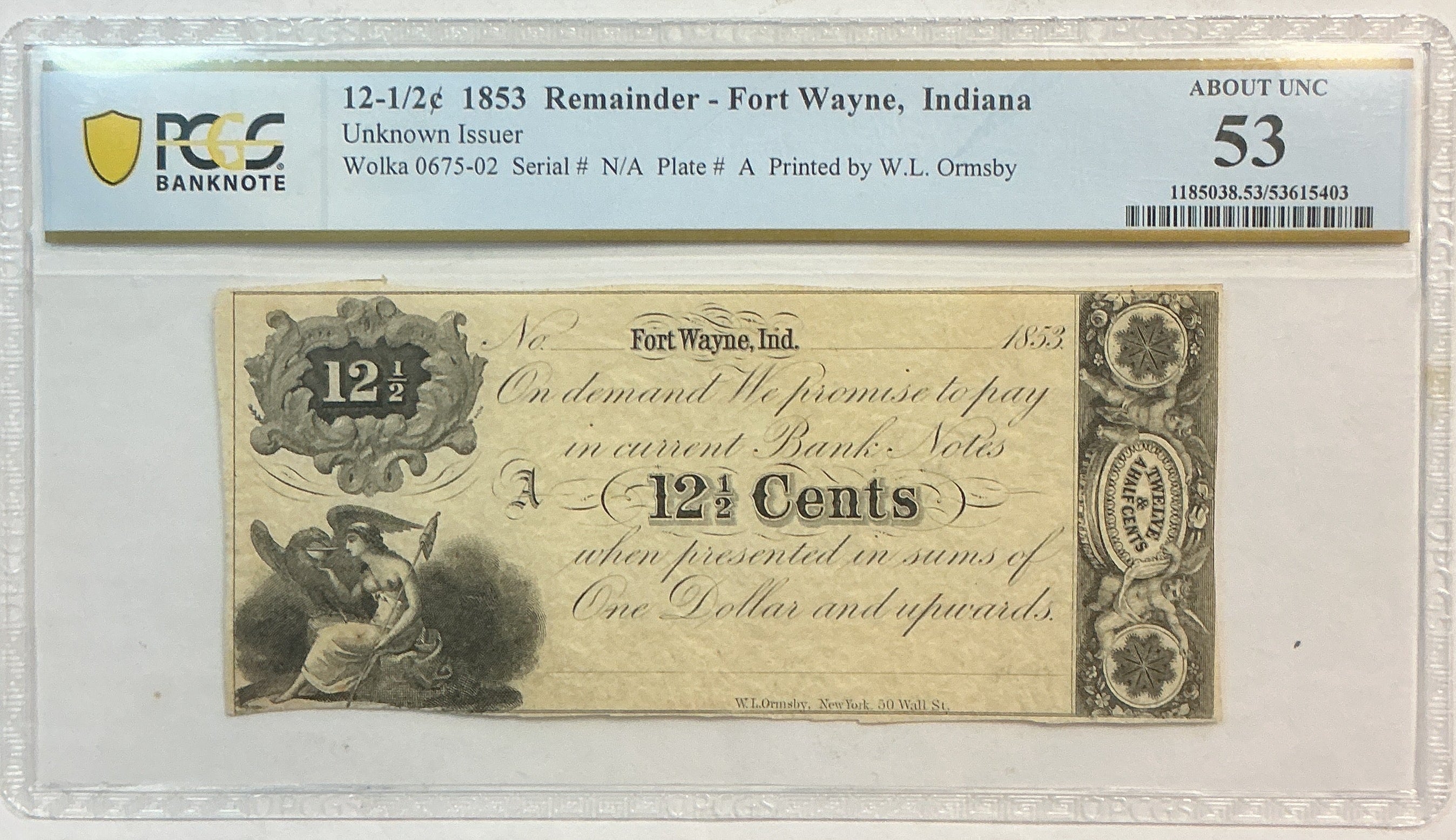 1853, 12-1/2c Remainder, Fort Wayne, IN., PCGS AU-53., Store Sale #GIN001