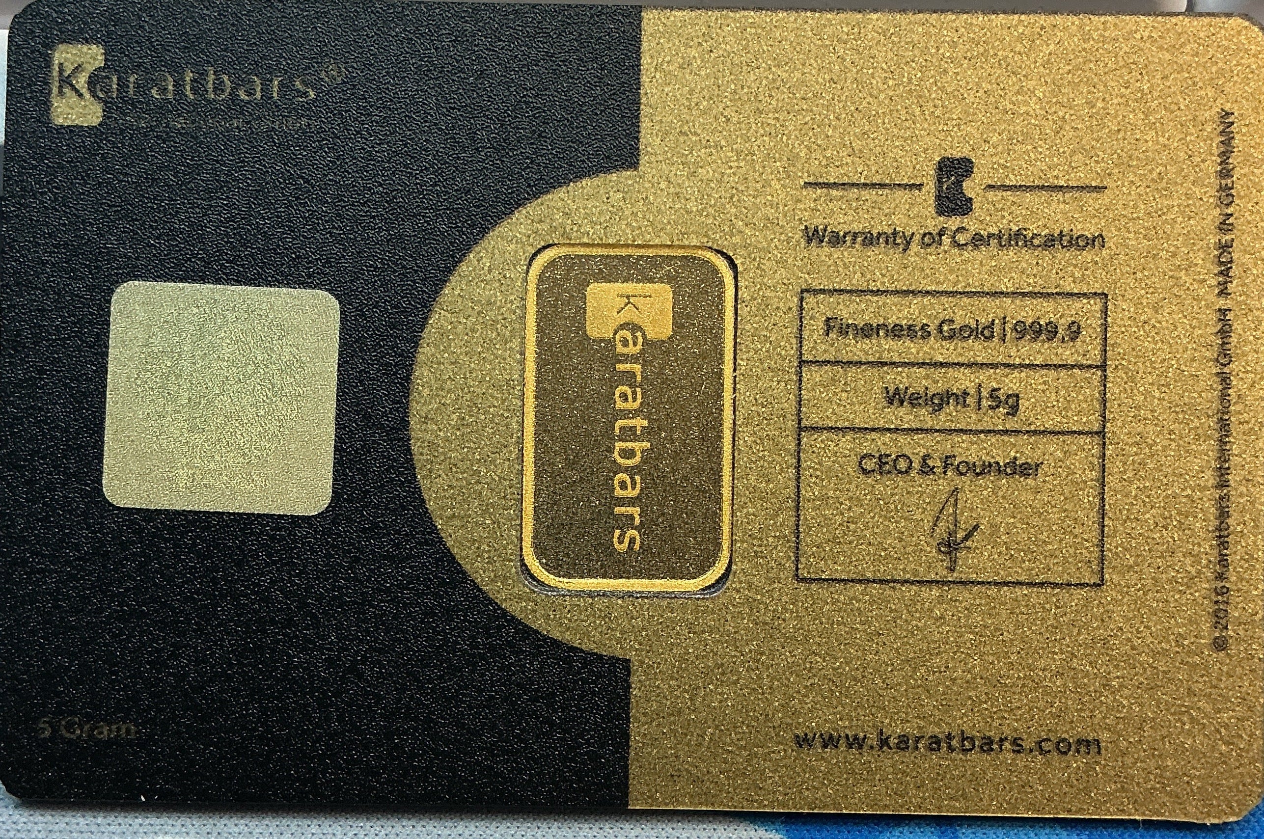 5 Gram Gold Bar, 999.9 pure, Carded Burnished KARATBARS, Store Sale #G0178