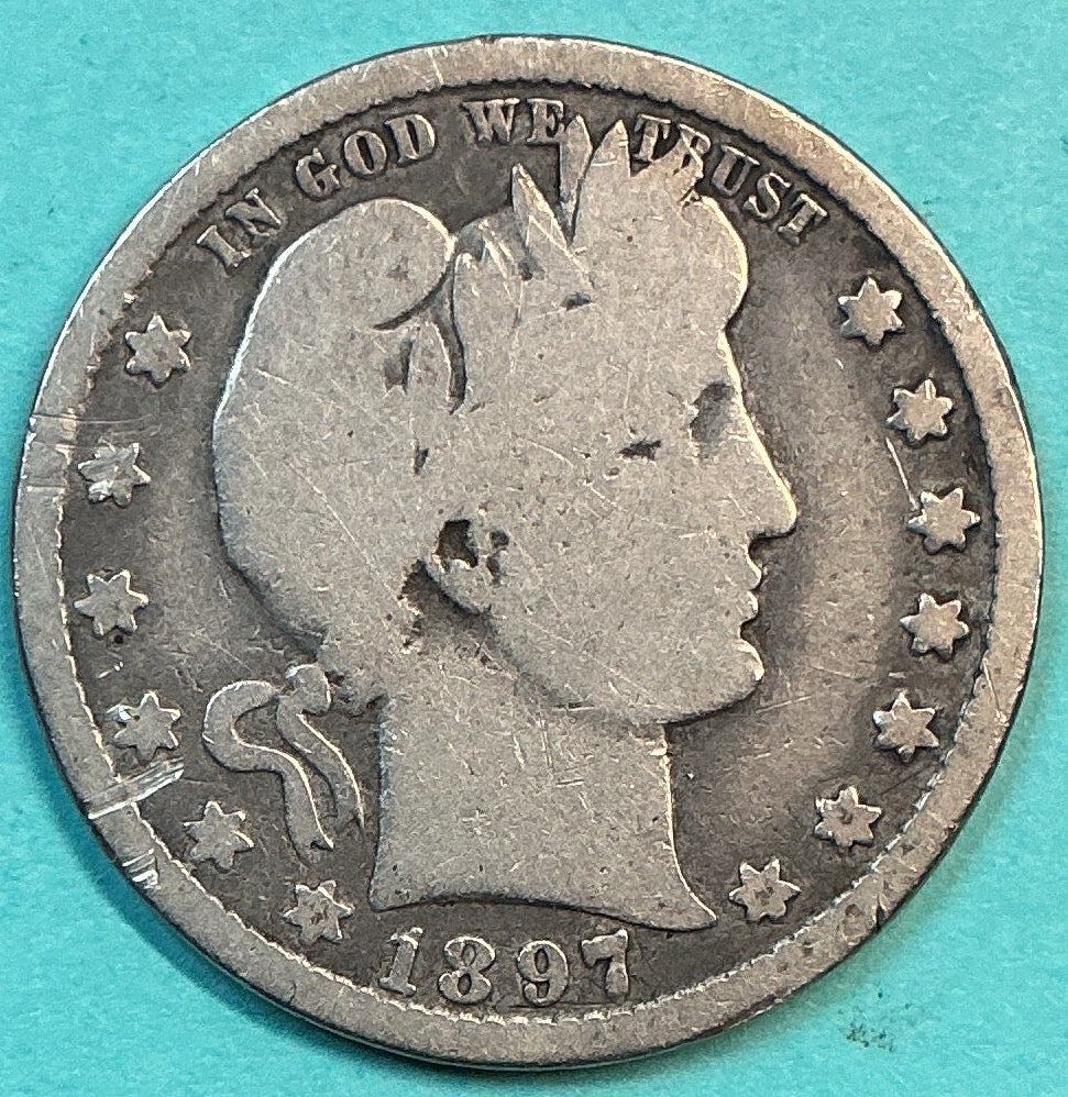 1897-O Barber Quarter., Very Good Circulated Details., Store#QR1201