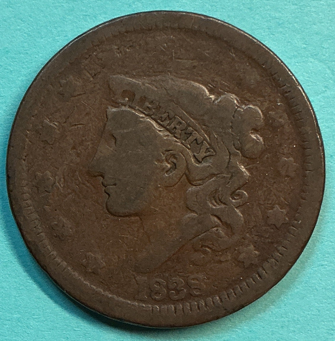 1838 Liberty Head Large Cent.  Affordable Very Good Collectible Coin. Store #CT1390