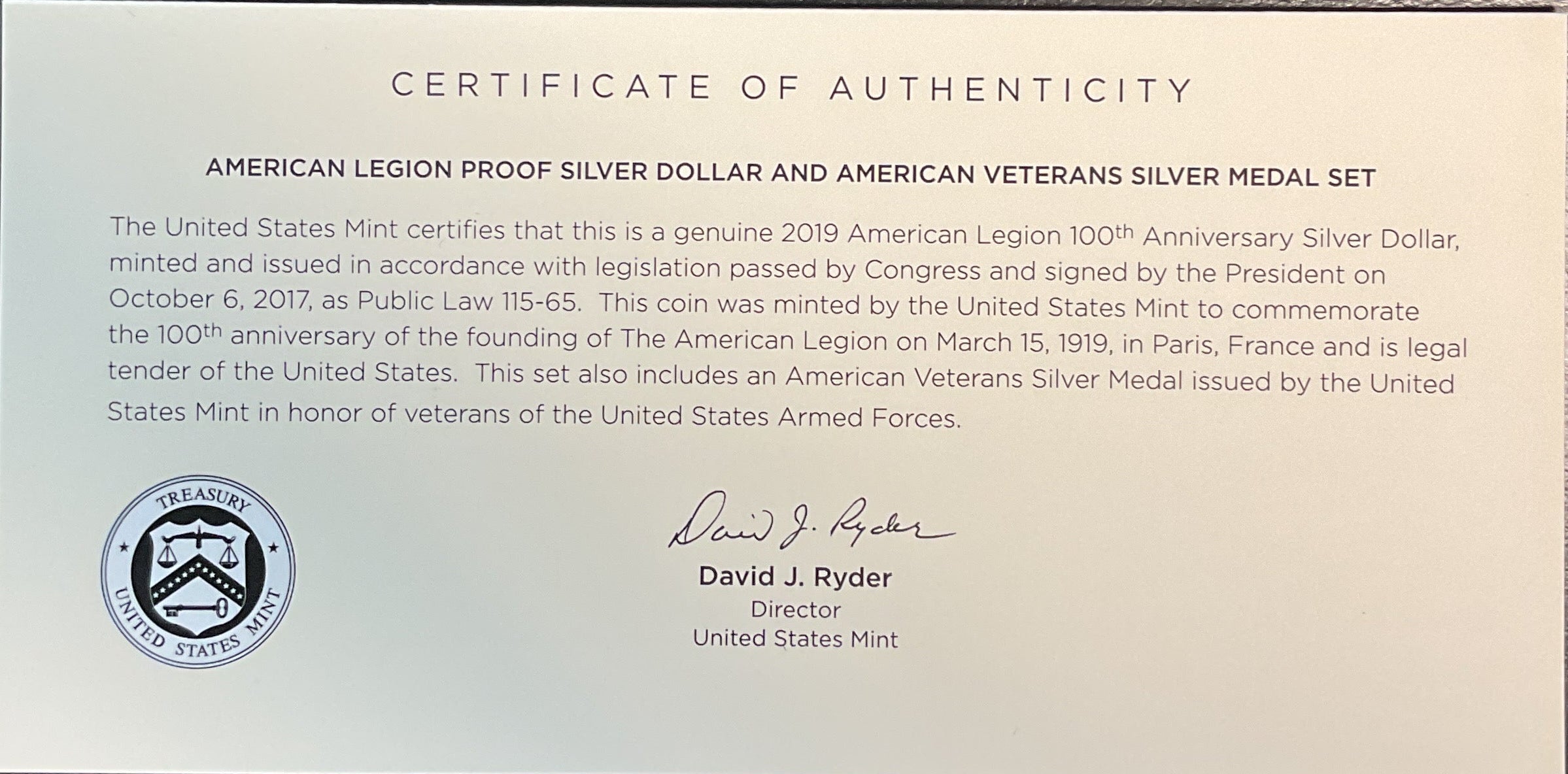 2019 American Legion, Proof Silver Dollar and Silver Medal Set, #SR012