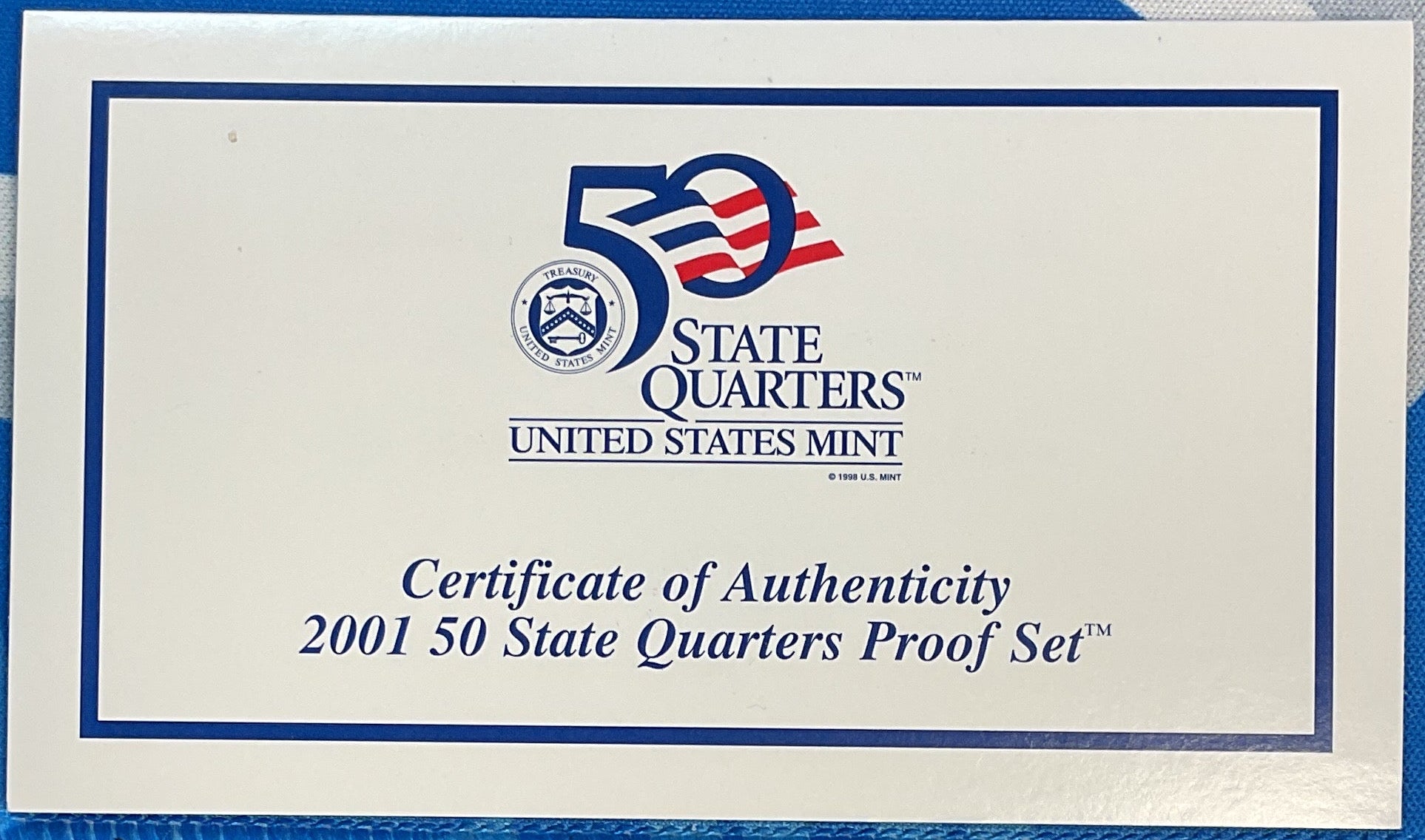 2001 U.S. Mint 50 State Quarters Proof Set, in Original Government Packaging.