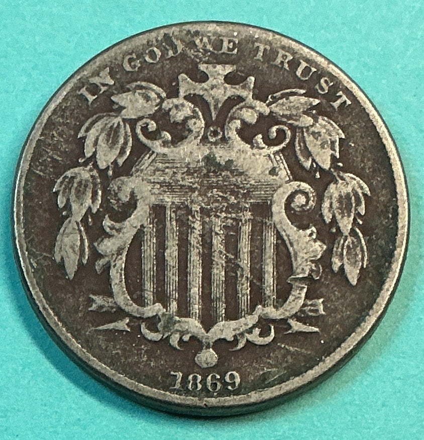 1869 Shield Nickel, Very Fine+ Details Circulated Coin, Store #NL0114