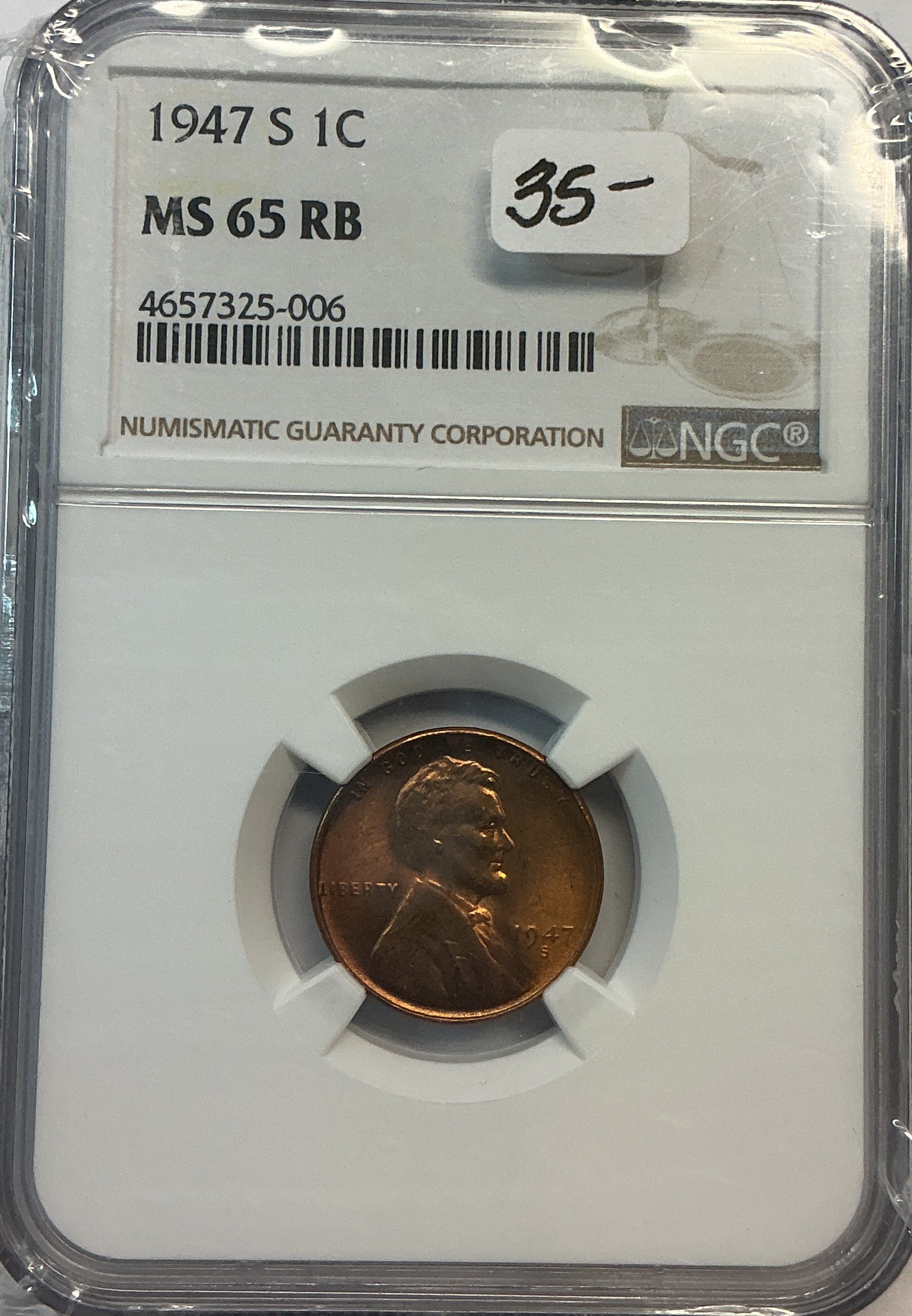 1947-S Lincoln Wheat Cent. NGC Graded MS65 RB. Store #GCT066