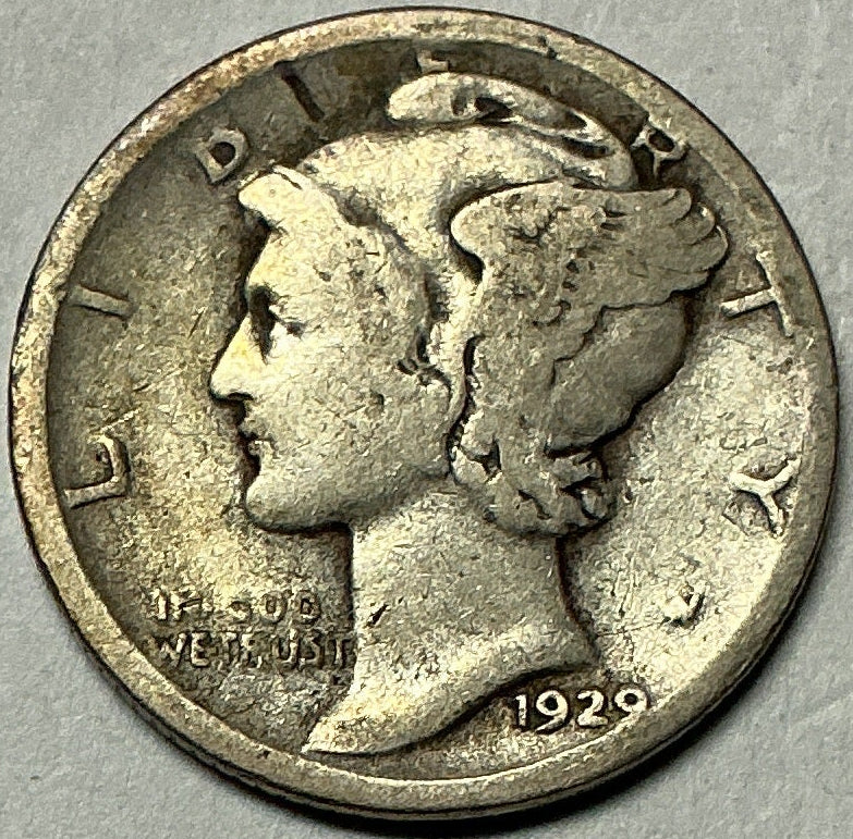 1929-D Mercury Dime, Very Good+ Circulated Coin, Store #DE0975