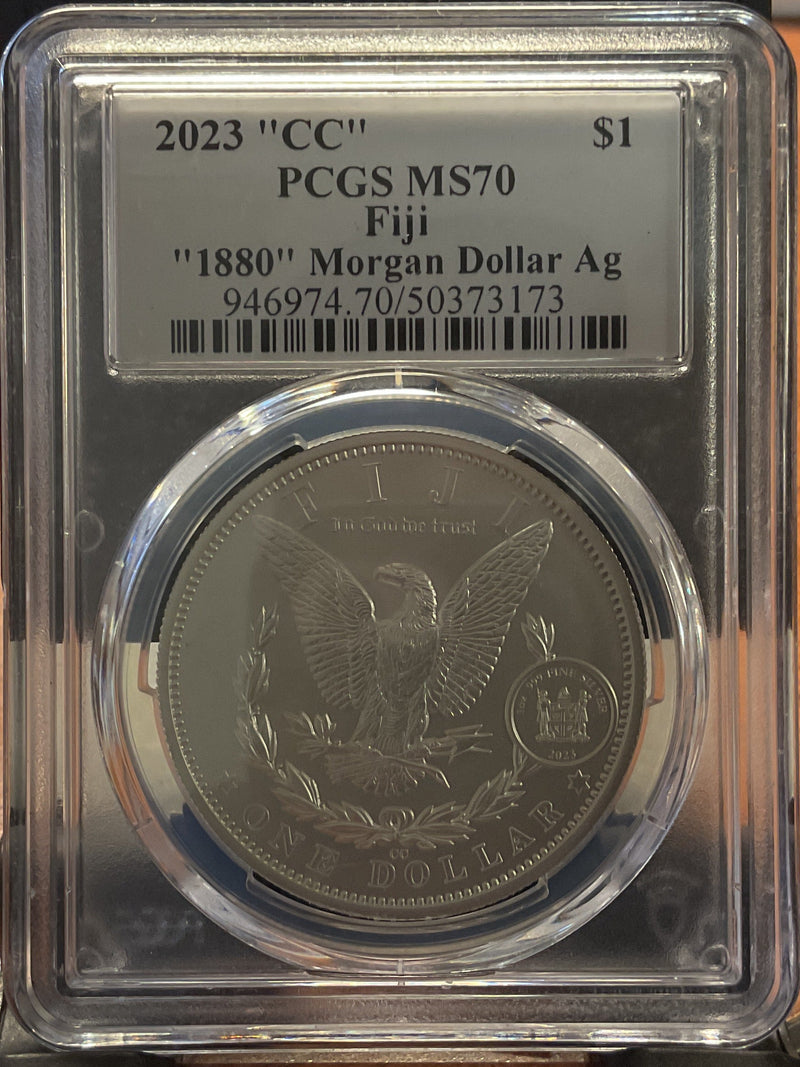 .999 silver, 1 Troy Ounce, 2023 Fiji Privy Morgan Ag, PCGS MS-70, Store