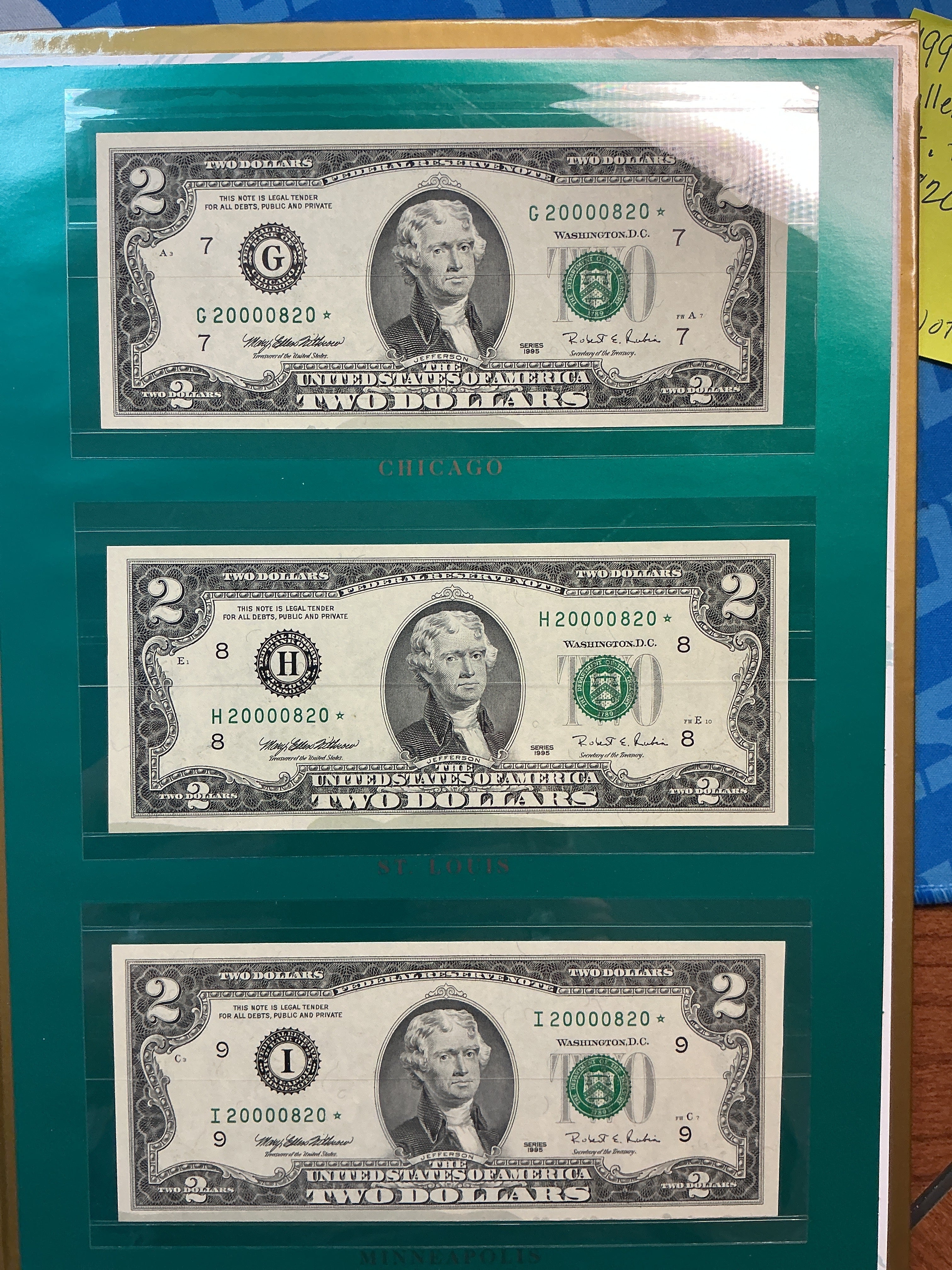 1995 Premium Millennium Federal Reserve Set, $2 Notes, Rare Star, #0820,  #FRN003.