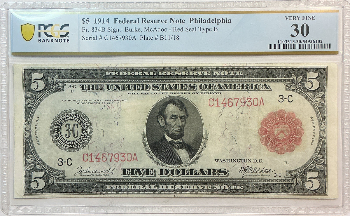 1914 $5, Federal Reserve Note, Fr. 834B, PCGS Certified VF-30, Store GFRB079