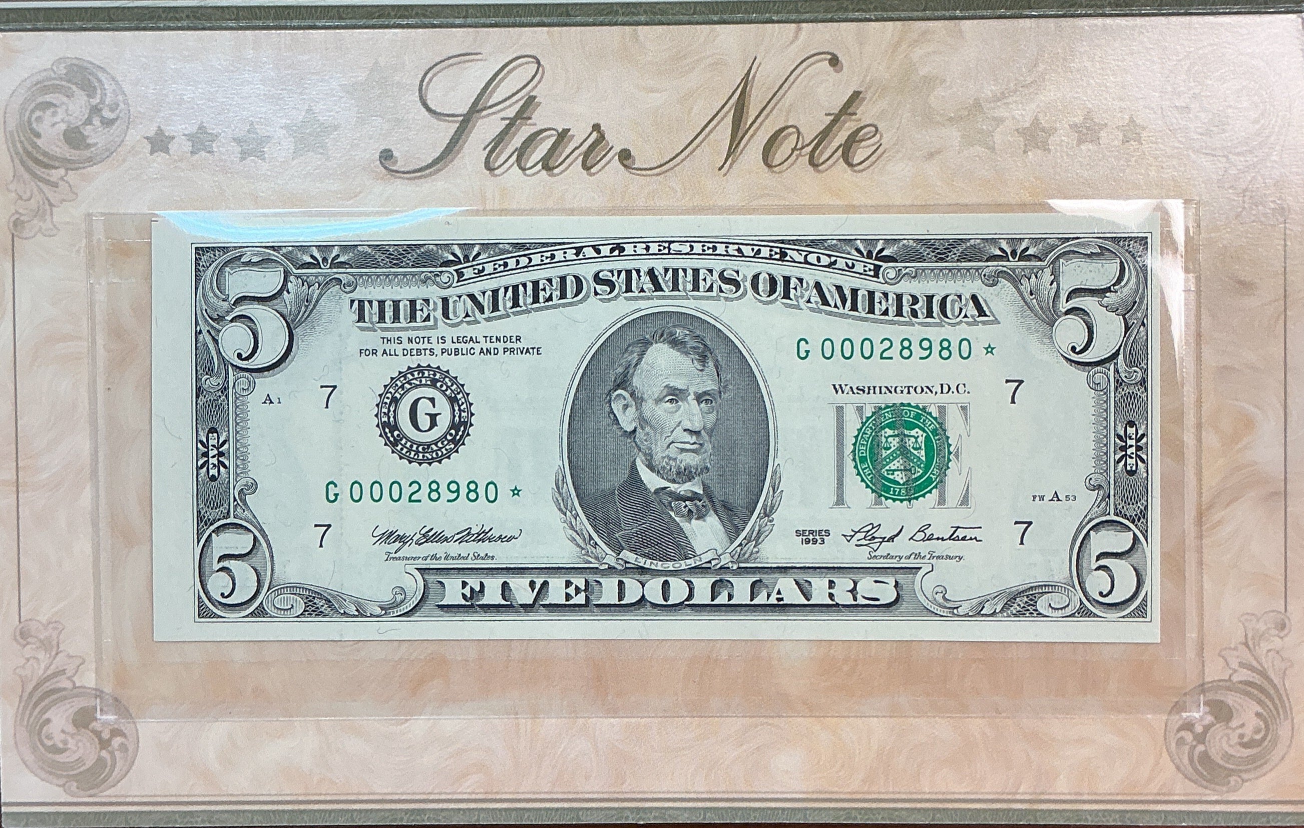 1993 & 1995 Series, 2-$5 Notes, Dept of Treasury, *Star Notes*, Store #FRN027