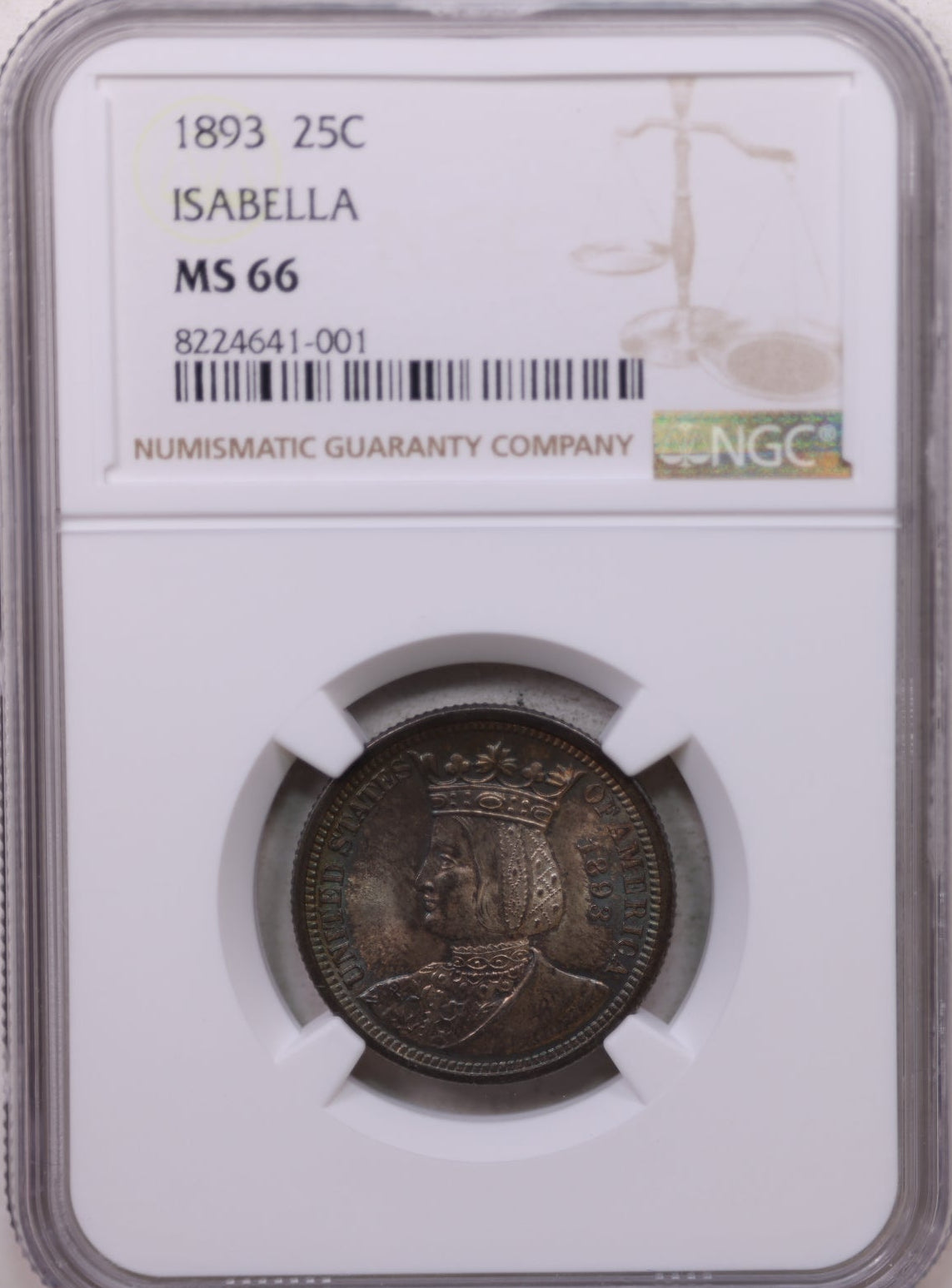 1893 Isabella Silver Quarter Commemorative, NGC MS-66, TONED, Store #GEC0052.