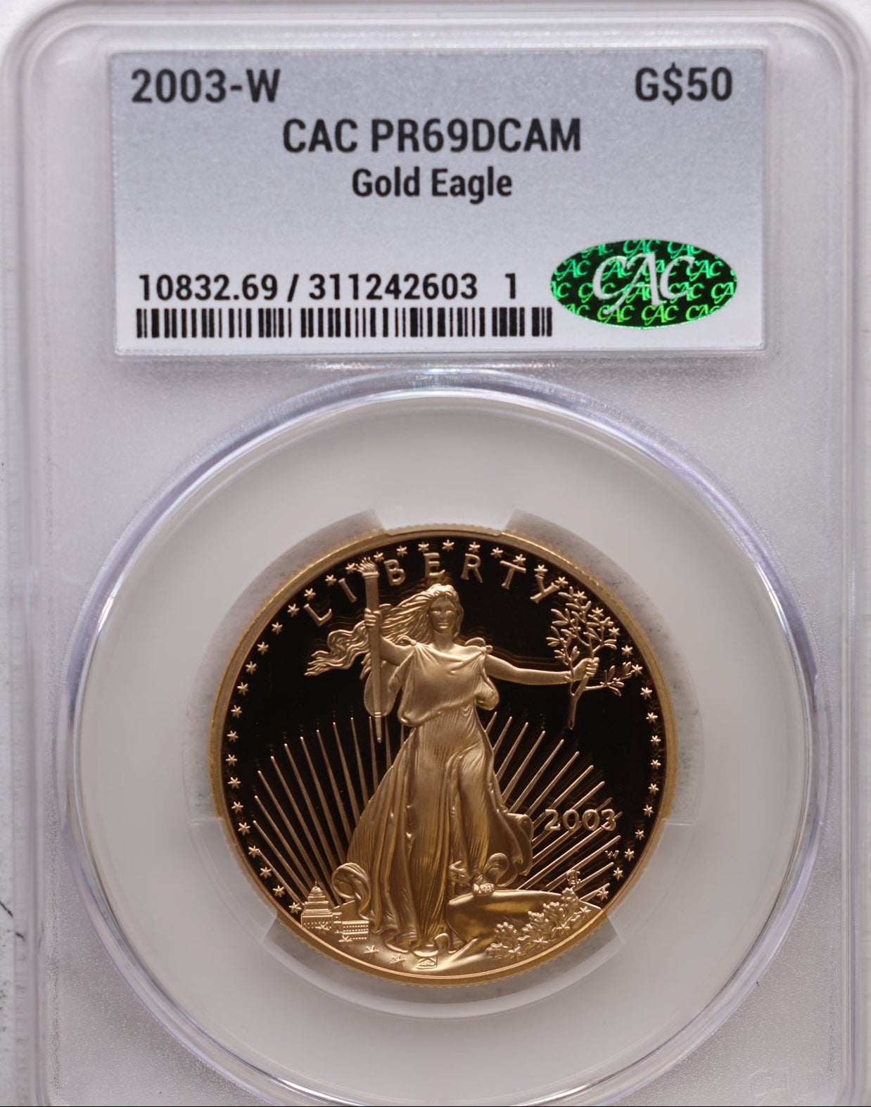 2003-W $50, Proof Gold American Eagle Coin, 1 OZT, CAC PR69, Store #GMC269.