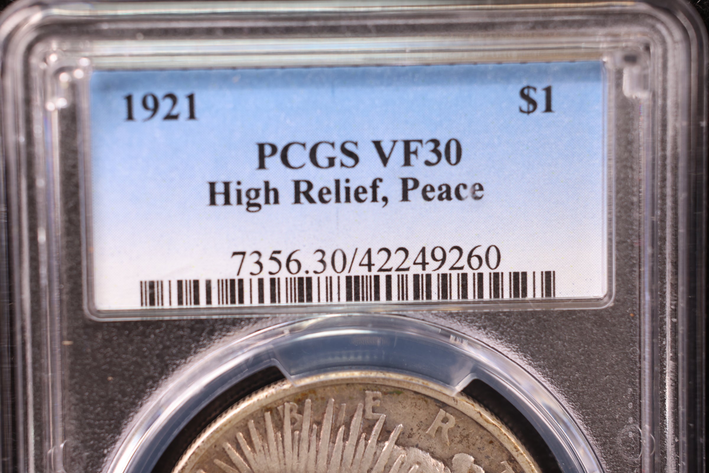 1921 Peace Silver Dollar., PCGS Graded VF-30. Store #30042