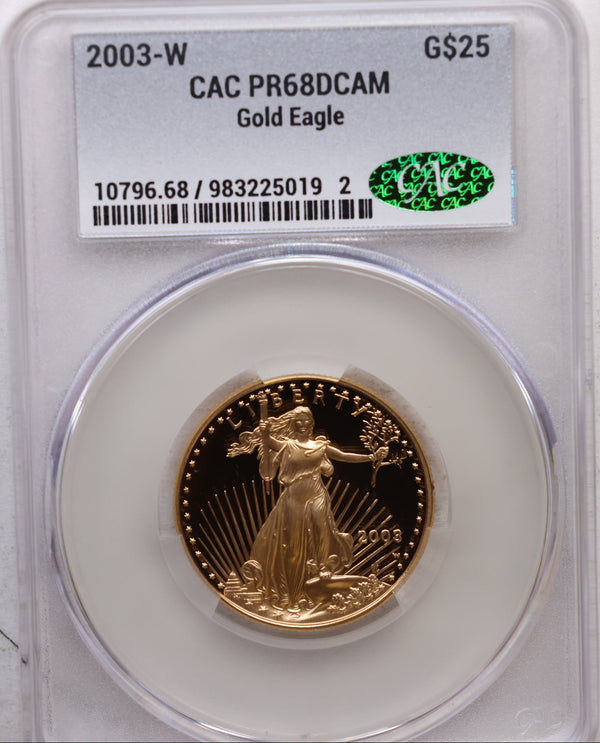 2003-W $25, Proof Gold American Eagle Coin, 1/2 OZT, CAC PR68, Store #GMC270.