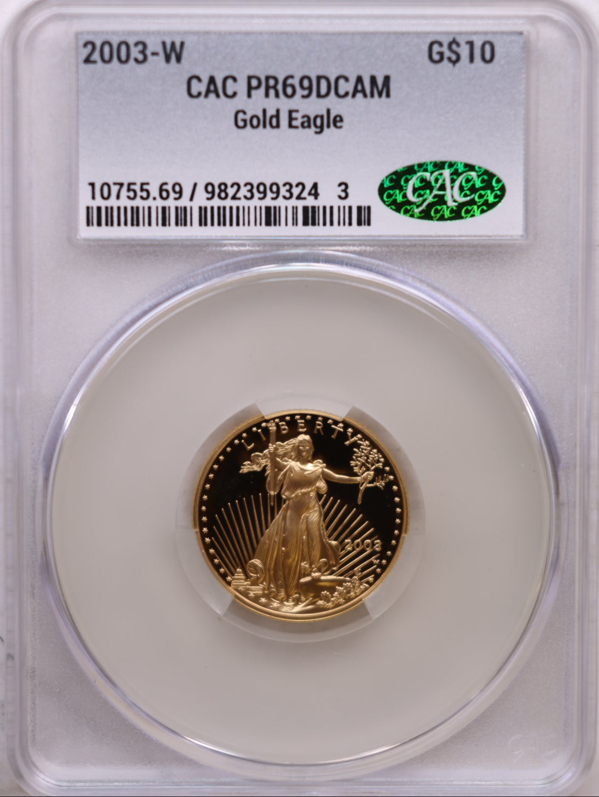 2003-W $10, Proof Gold American Eagle Coin, 1/4 OZT, CAC PR69, Store #GMC271.