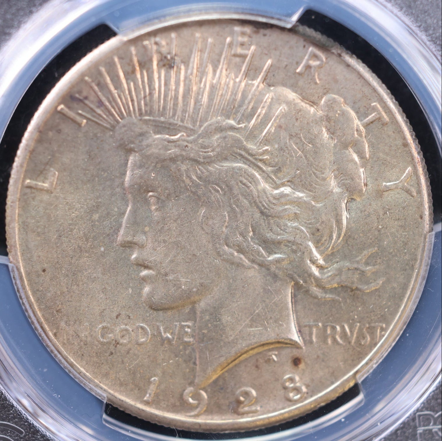 1928 Peace Silver Dollar., PCGS AU-58. Slider, 'Key Date Coin', Store #DR0649